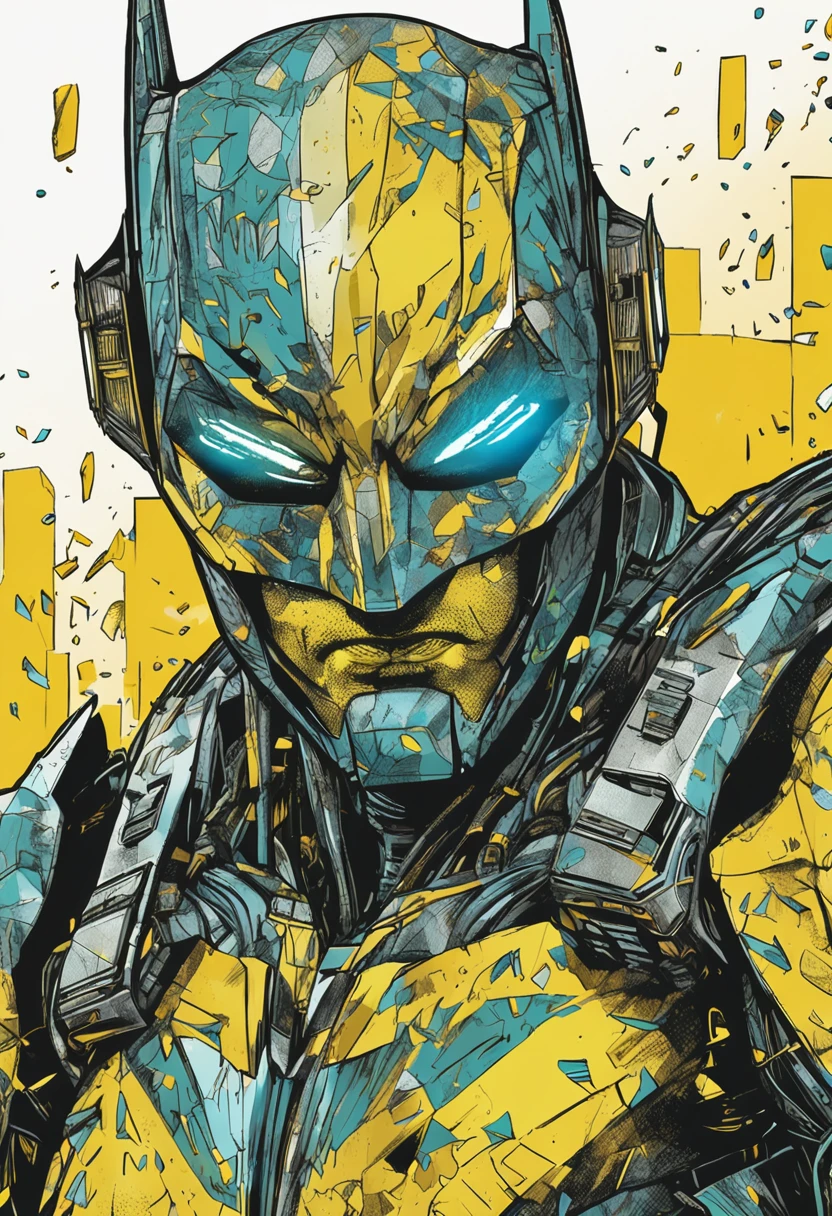 Um batman verde, amarelo e azul, brasileiro, realistic in a titanium cybernetic suit, detalhado, designe perfeito, alta qualidade arestas perfeitas e simetricas ::n_desenho de estilo, Low-quality imperfection, boneco, jogo, anime