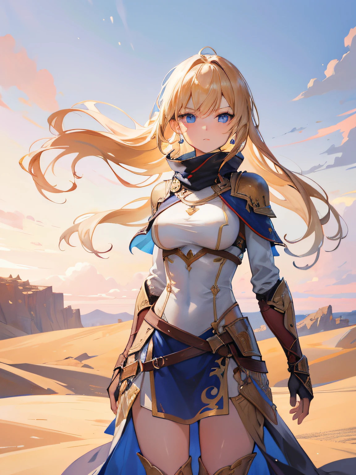 Create an illustration in a detailed drawing style depicting a strong and resilient woman with golden skin and deep blue eyes standing confidently in the center of a desert landscape. The woman is dressed in practical battle attire that conveys her determination and courage. The desert setting should emphasize her resilience against the harsh environment, with sand dunes and distant horizons. The woman's expression should exude confidence and readiness, reflecting her inner strength and fearless demeanor. The illustration should capture the essence of a fierce warrior in a barren land, evoking a sense of empowerment and determination