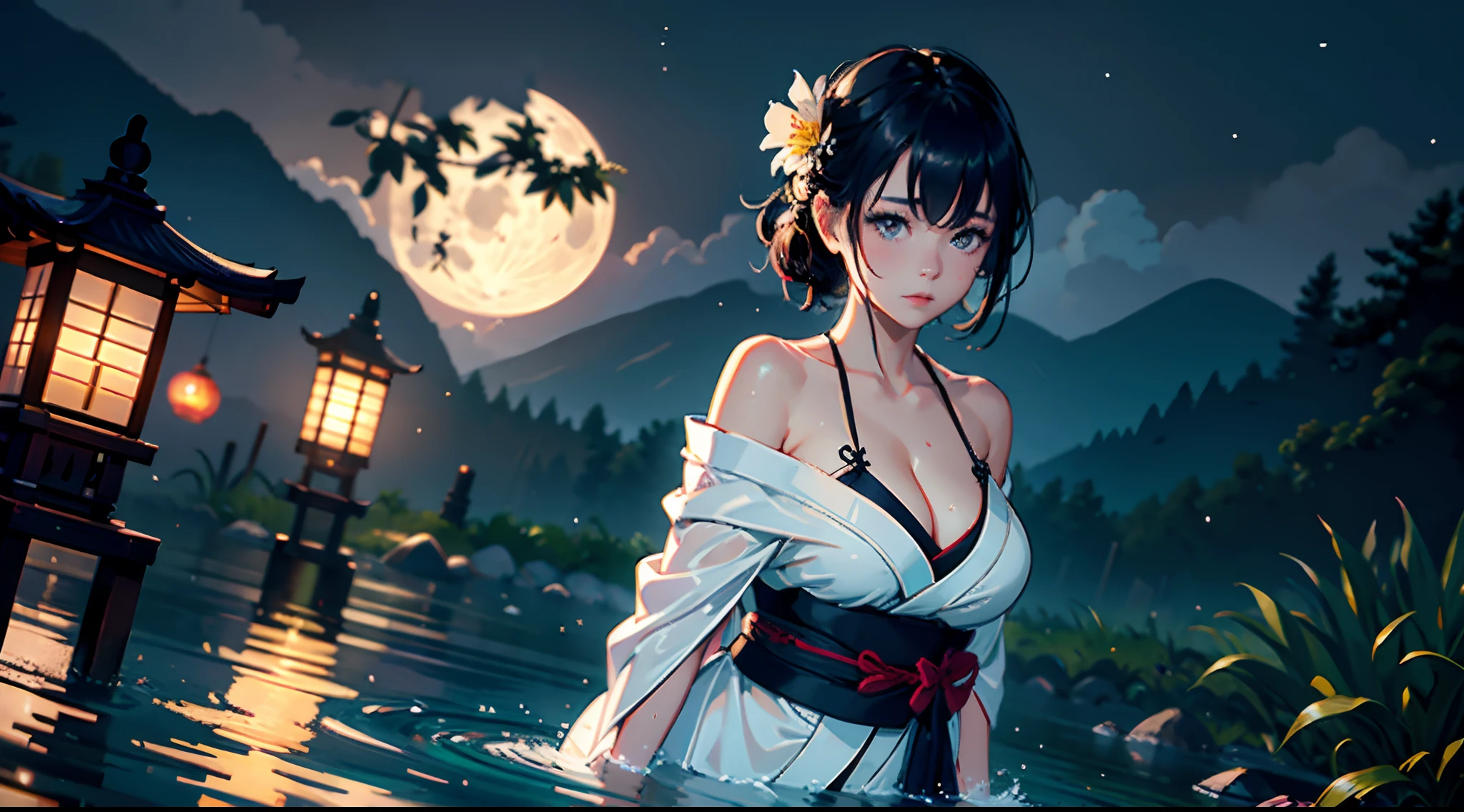 1girl, breasts, moon, lantern, night, solo, large breasts, hair ornament, wet, kimono, japanese clothes, wading, water, hair flower, flower, outdoors, sky, full moon, rain, black hair, off shoulder, mountain, cloud, holding, sash, bare shoulders, paper lantern, standing, white kimono, night sky, sideboob, obi, wet clothes, bangs, tree, from side, reflection, short hair, cloudy sky, wet hair (((masterpiece),(extremely detailed CG unity 8k wallpaper),best quality,,solo,1girl,cinematic lighting,detailed background,beautiful detailed eyes,bright pupils, (an extremely delicate and beautiful),(Beautiful and detailed eye description), ultra-detailed,masterpiece,)),( Image size 16.9,))