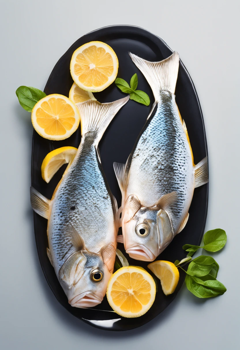 two fish that are sitting on a plate with lemon wedges, enguia gulper, Filetagem technique, Asao Urata |, fish core on dark background, muito saboroso,  , 4K, desenho animado