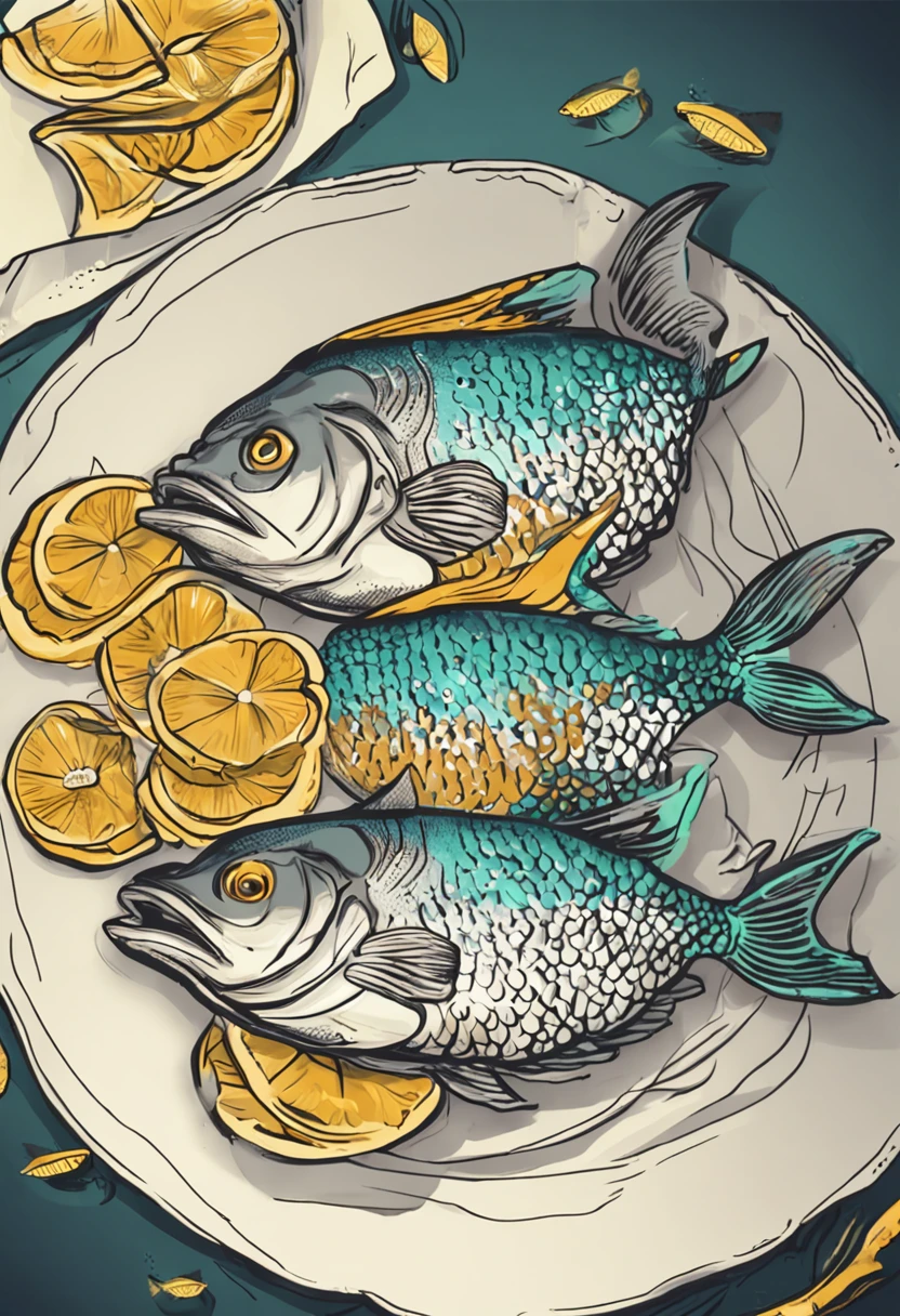 two fish that are sitting on a plate with lemon wedges, enguia gulper, Filetagem technique, Asao Urata |, fish core on dark background, muito saboroso, , 4K, desenho animado