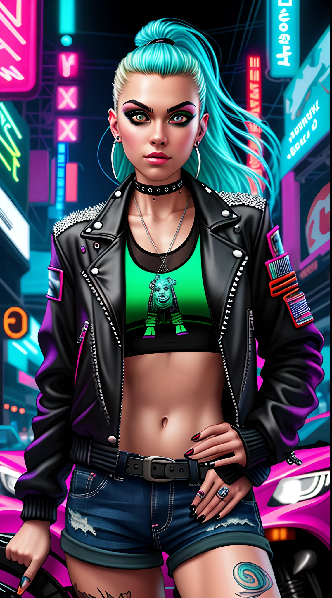 Biker girl with [green: 25] eyes, [blonde: 20] hair, body piercings, verism style, vibrant neon,hyperrealistic, digital art, detailed, masterpiece, colorful tanktop, [black: 20] jacket, in a [cyberpunk highway | mountain range]