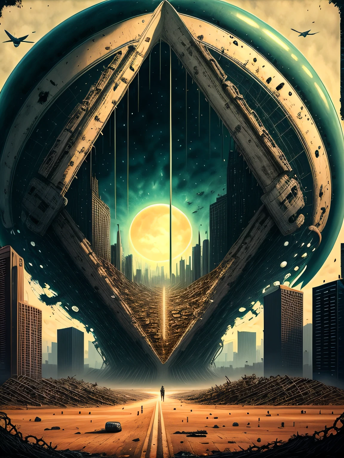 masterpiece, 4k ,ultra detailed,illustration, (symmetry), (Art Deco), (retro-futuristic), alien invasion, post apocalyptic, city destroyed, CCDDA Artstyle
