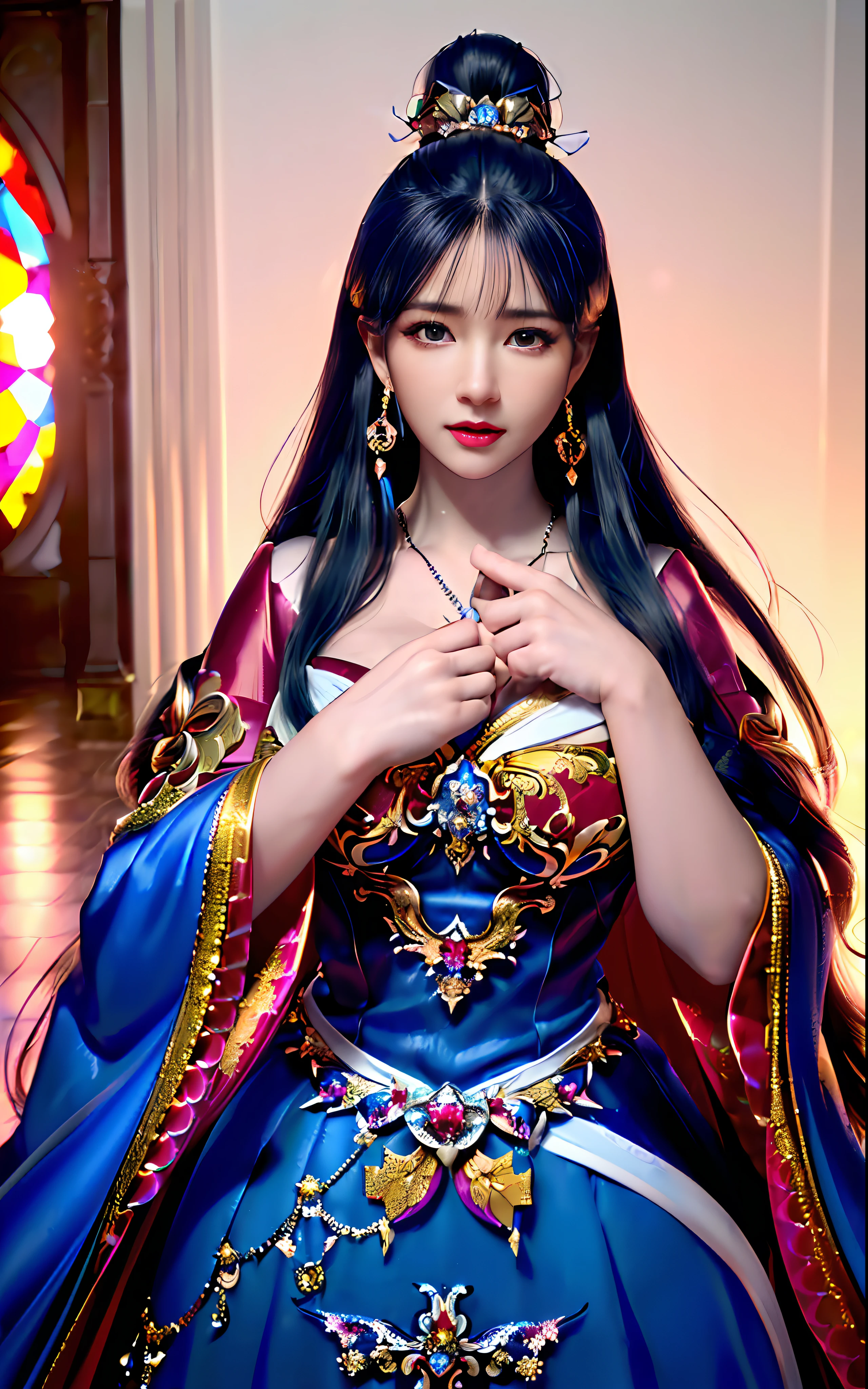 ((realisticity: 1.2)), ((realistic: 8K UHD)), ((best resolution: 8K UHD)), hyper detailed, best quality,masterpiece,highres,cg, ((1 girl hyper detailed and hyper realistic) ) , ((beautiful queen, hyper realistic and hyper detailed)),((white skin, beautiful, smooth, youthful, hyper realistic and hyper detailed )), ((Face hyper beautiful, white, hyper realistic and hyper detailed ) ), long hair, ((hyper realistic and hyper detailed dress)), solo, ((hyper realistic, hyper beautiful, beautiful and hyper detailed jewelry)), ((hyper beautiful deep red and golden yellow dress, hyper realistic and hyper detailed )) , ((Her pretty, hyper realistic, hyper detailed diamond filled earrings)), ((Her gorgeous diamond haircut, hyper realistic and hyper detailed)), ((hyper pretty upper body, hyper beautiful, hyper realistic and hyper detailed) ), ((medium breast: 1.1)), ((hyper realistic, hyper pretty, hyper detailed boobs)), ((the backgroun of the royal palace is hyper majestic, hyper realistic and hyper detailed)),((hands and palms hyper beautiful, hyper detailed, hyper realistic)), ((hyper detailed and hyper realistic fingers and fingernails)), ((hyper pretty fingernails, hyper vivid, hyper detailed, hyper realistic)), ((thumb, index finger, middle finger, ring finger, little finger hyper vivid, hyper pretty, hyper detailed, hyper realistic)),
((hyper beautiful fingers, hyper detailed, and hyper realistic)), ((posture not too fat and not too thin, hyper realistic, hyper detail)), ((hyper pretty, hyper pretty, hyper realistic and hyper detailed hair bun)), ((hyper pretty , hyper realistic and hyper detailed blue hair)), candid, Photo, high resolution, 8k , bokeh,