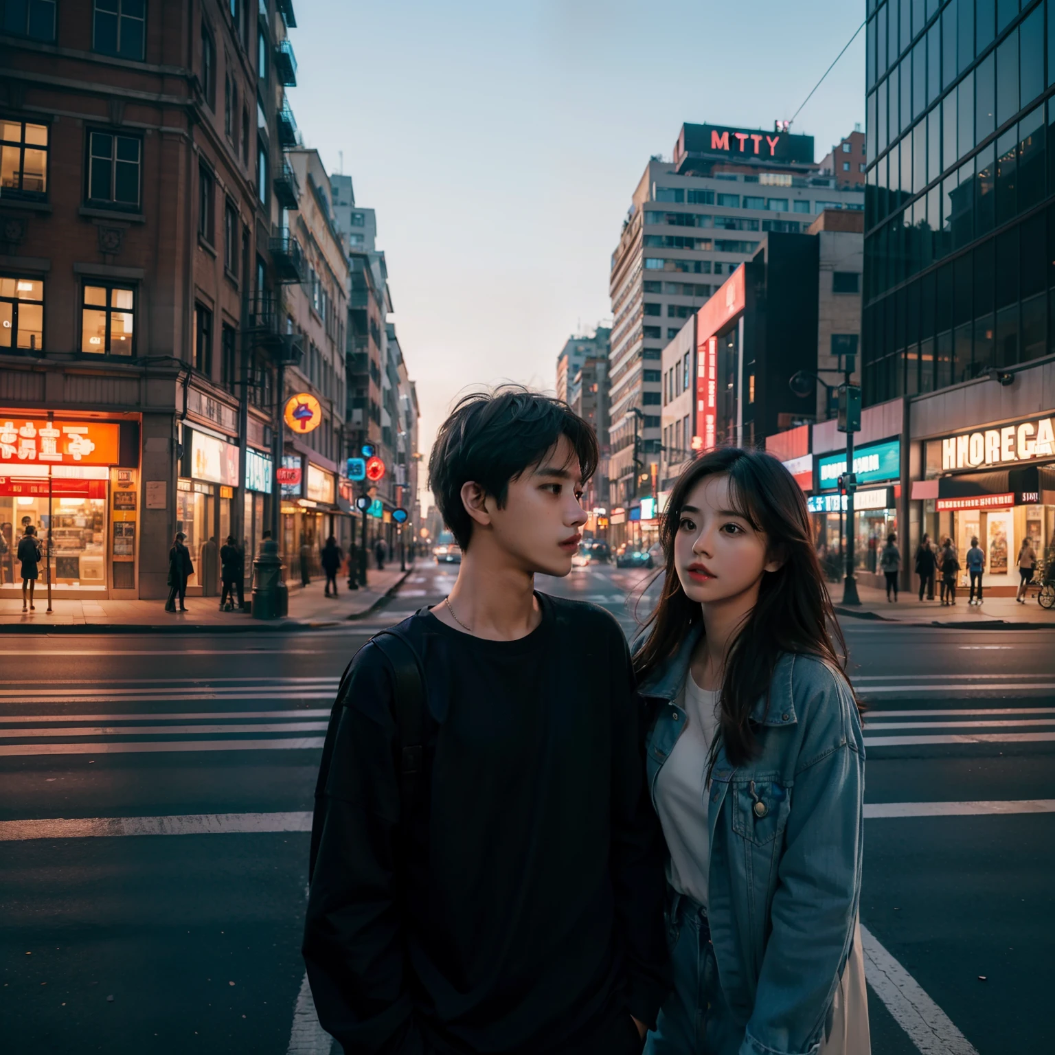 Girl and boy hangout on street , moder city background , hyper realistic Detailed image Cinematic Colour Grading and Lighting , closup photo