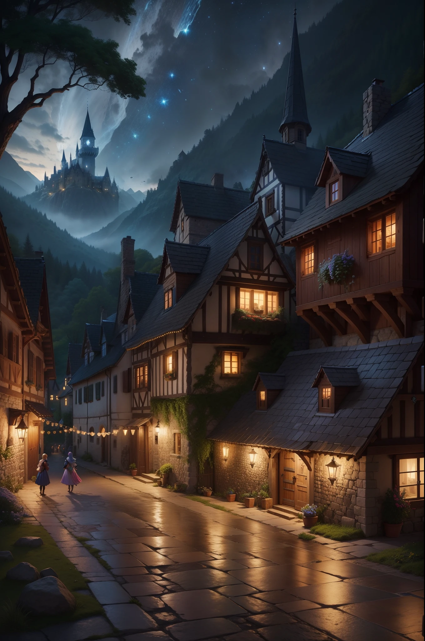 a small medieval village with stone and wood houses decorated with colorful gems. on center, a fairy is standing with a lot of people playing and dancing. (midnight), (Irregular), (mysterious), (ridiculous), dreamy, disney, painted by Thomas Kincaid, artstation, sharp focus, inspiring 8k wallpaper