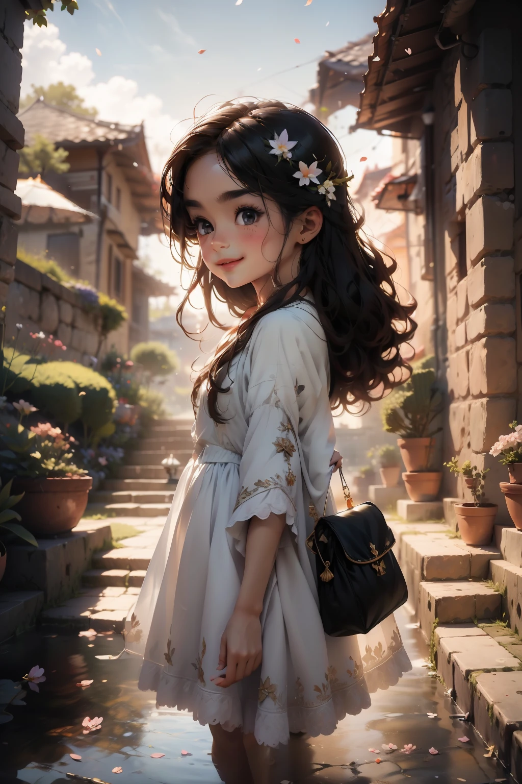 Beautiful little princess in dress, Stand on the marble steps at the entrance to the palace, Look at the wyvern in the distant sky.Light，8k wallpaper，Master painting，petals，lakes，bow and arrows，grin，Black eyes，swing， Perfect quality，Clear focus（Clutter - home：0.8）， （tmasterpiece：1.2） （realisticlying：1.2） （Bokeh） （best qualtiy） （detailedskin：1.3） （complexdetails） （8K） （detailedeyes） （Sharp focus）,（having fun）