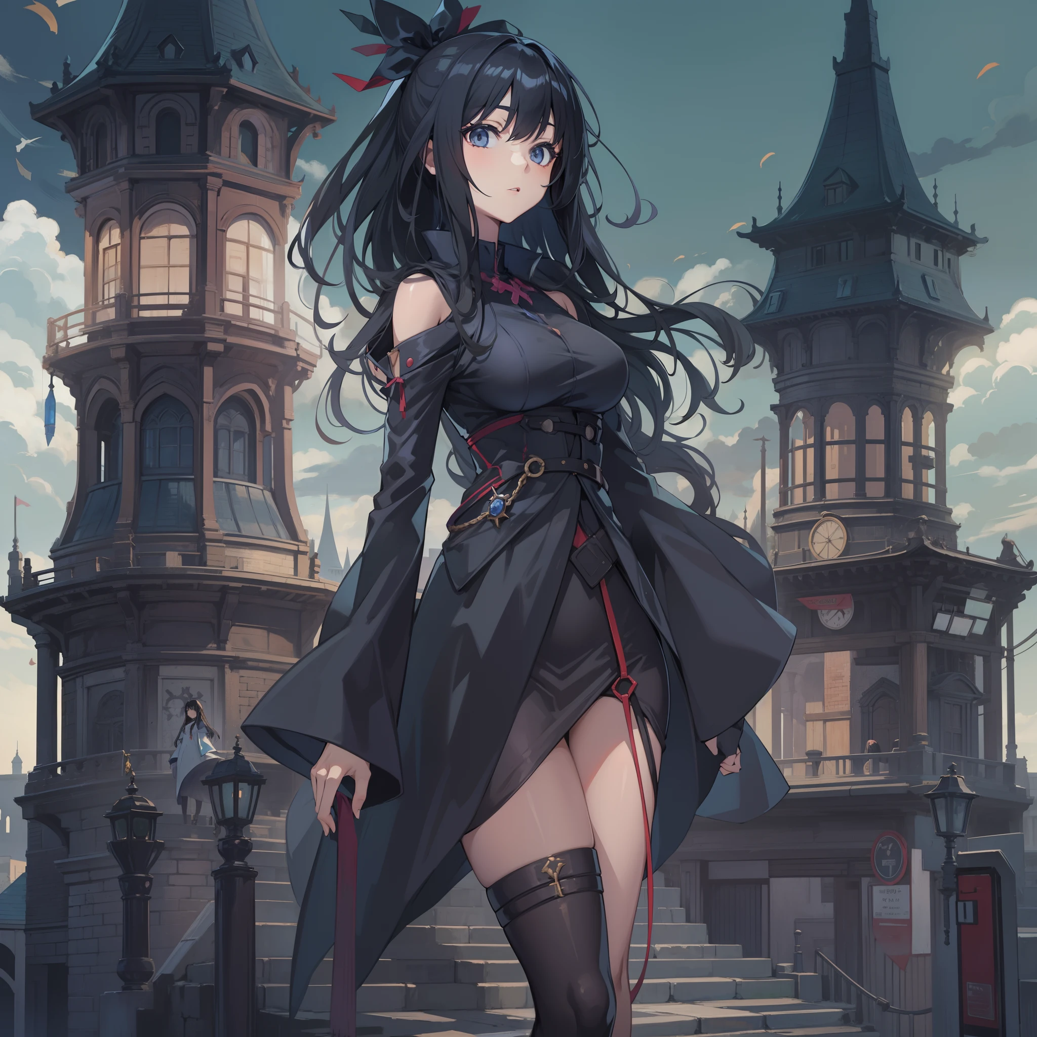 anime girl, black hair, wizard tower, full body shot, sexy, skinny