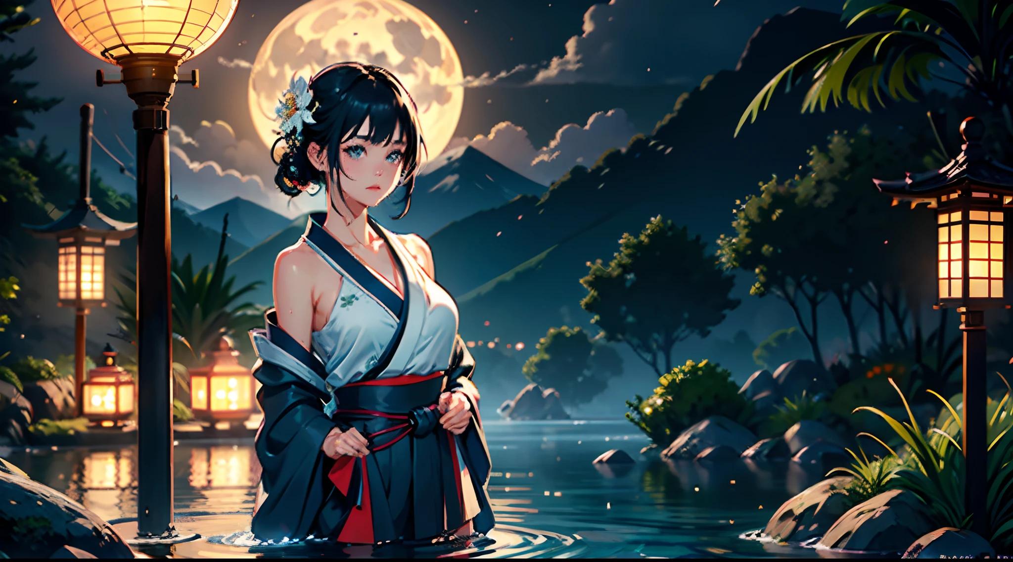1girl, breasts, moon, lantern, night, solo, large breasts, hair ornament, wet, kimono, japanese clothes, wading, water, hair flower, flower, outdoors, sky, full moon, rain, black hair, off shoulder, mountain, cloud, holding, sash, bare shoulders, paper lantern, standing, white kimono, night sky, sideboob, obi, wet clothes, bangs, tree, from side, reflection, short hair, cloudy sky, wet hair (((masterpiece),(extremely detailed CG unity 8k wallpaper),best quality,,solo,1girl,cinematic lighting,detailed background,beautiful detailed eyes,bright pupils, (an extremely delicate and beautiful),(Beautiful and detailed eye description)， ultra-detailed,masterpiece,)),( Image size 16.9,))