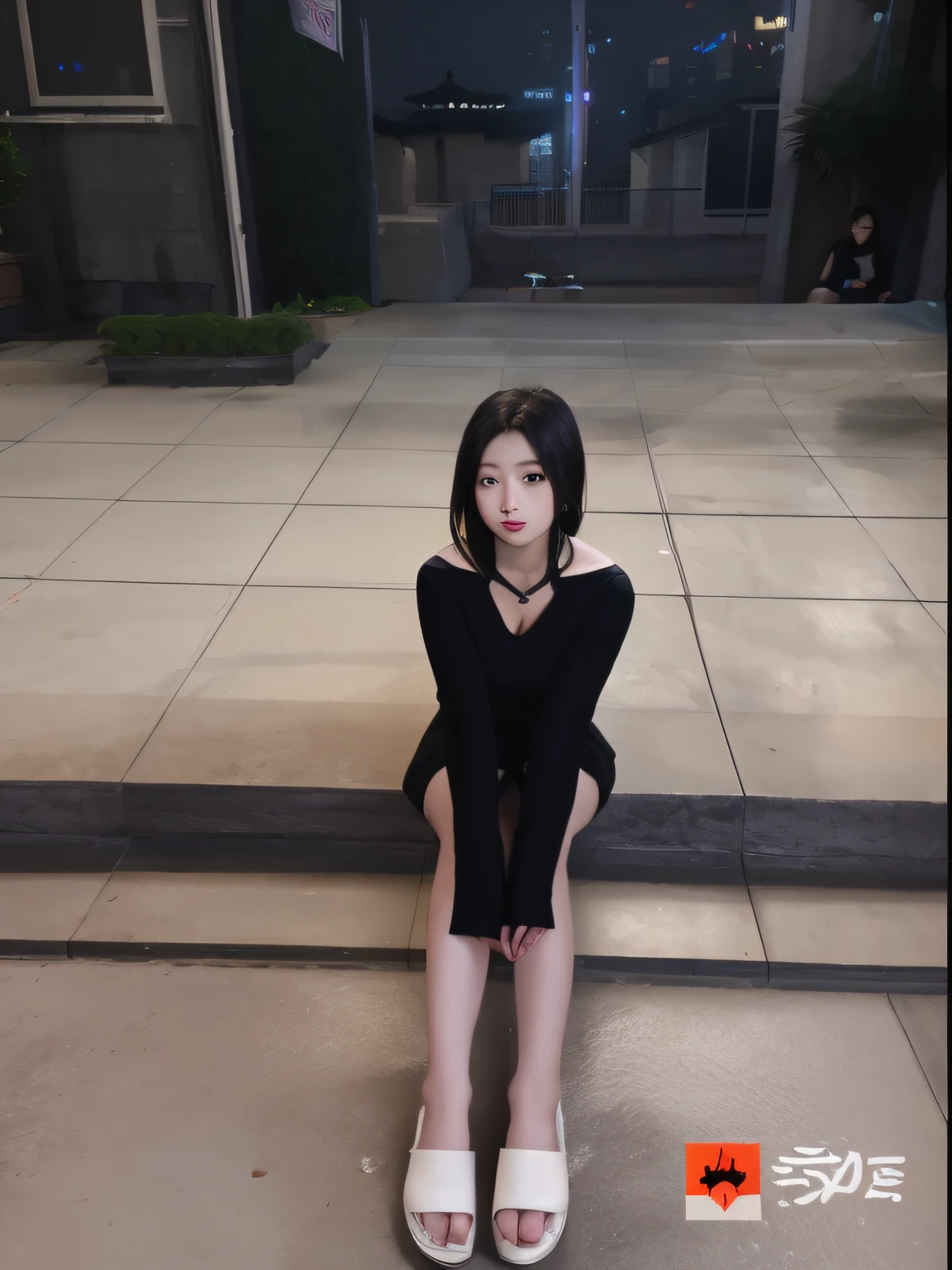 Sitting on the steps of the building at night, xintong chen, full-body xianxia, xision wu, Chinese girl, cruel korean goth girl, wenfei ye, Asian girl, pretty face with arms and legs, Kanliu，19-year-old girl, Korean girl,Black closed-toe stockings， very very low quality