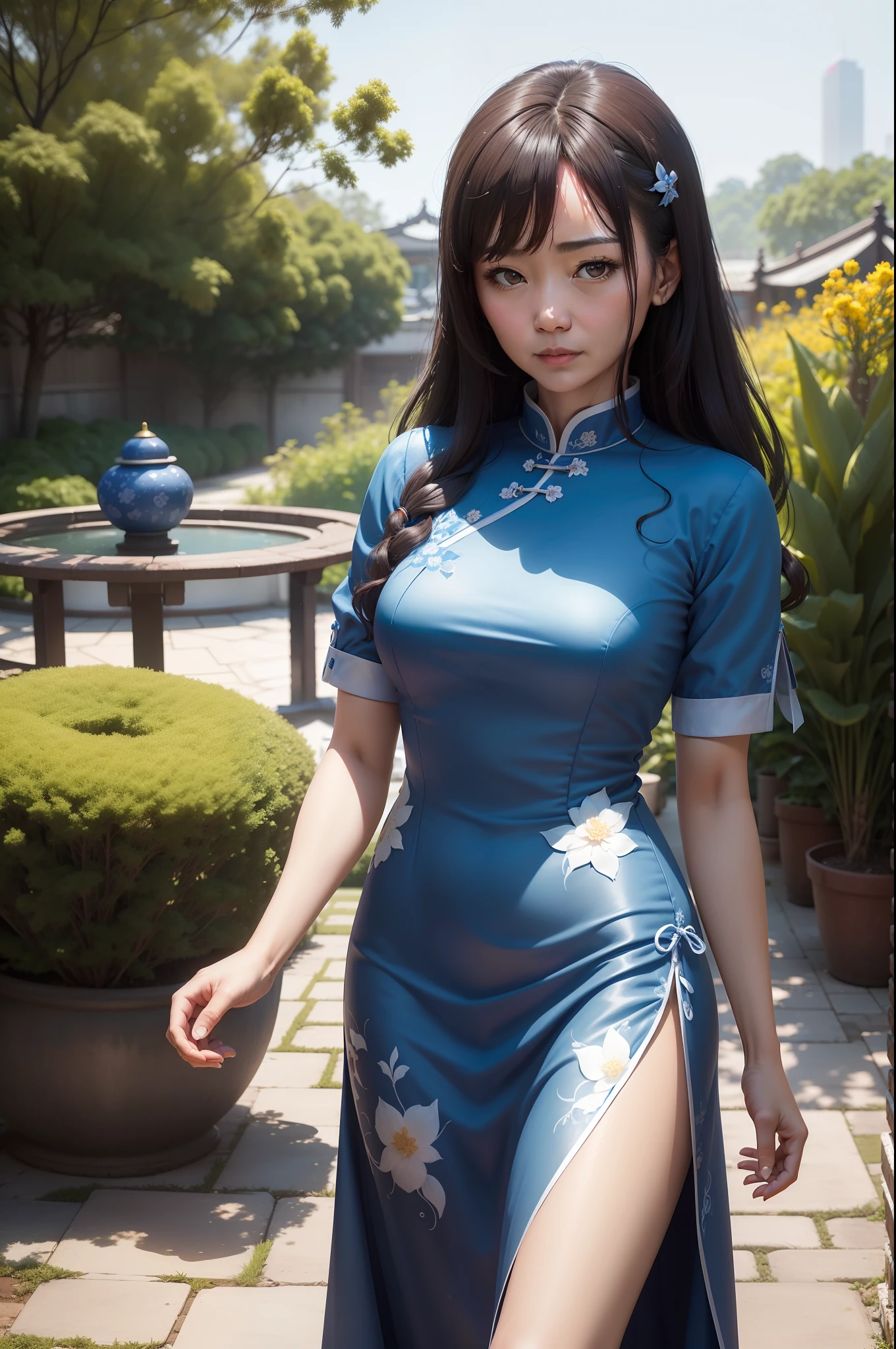 Blue and white cheongsam，blackstockings，Peony pattern，Holding a bow，long whitr hair，showers，Water droplet details