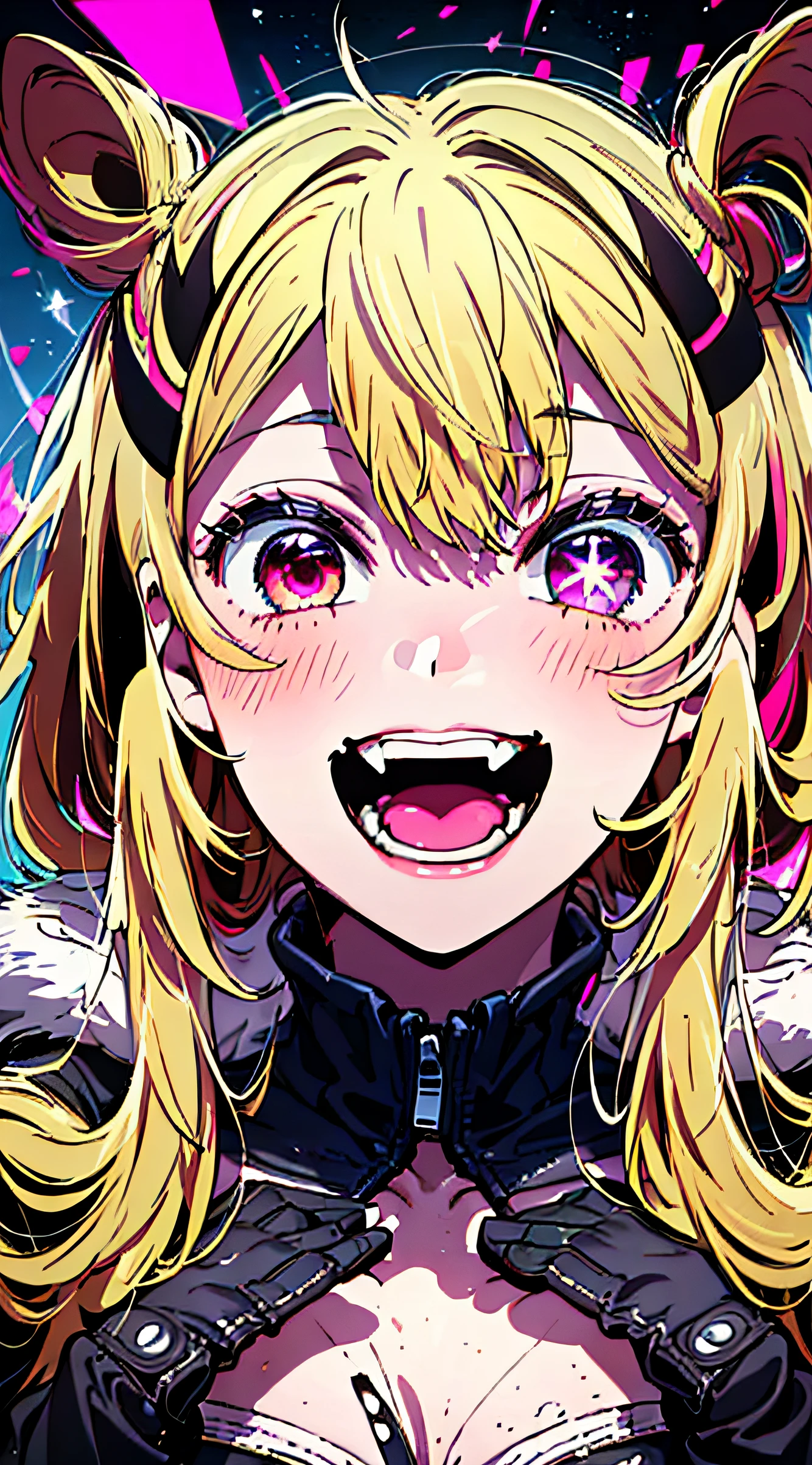 original character , 1girl, (crazy smile:1.2) , blonde hair , bangs , crazy eyes , hands on face , yellow blood splatter on face , yellow and black color scheme, open mouth, (wide-eyed:1.2), glowing eyes, left star shaped eye, star shaped eye, pink eyes, pink eyes