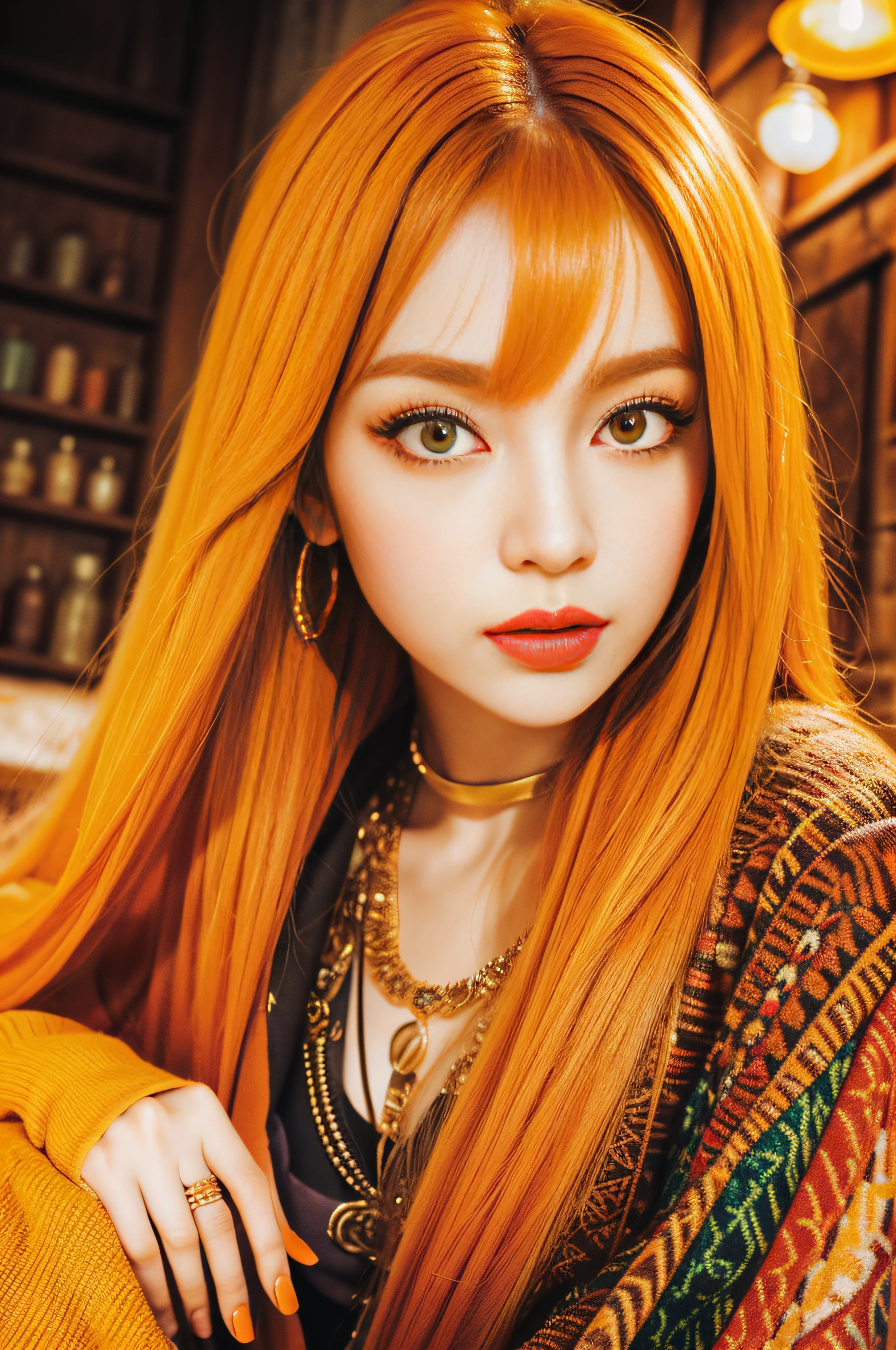 xxmix_girl, detailed eyes, spice-orange hair, a woman navigates the labyrinthine alleys, surrounded by the rich scents and colors of exotic wares. Her spice-orange hair is reminiscent of the aromatic stalls, becoming a vivid highlight amidst the sensory overload. Her eyes, curious and adventurous, soak in the eclectic tapestry of Moroccan culture.