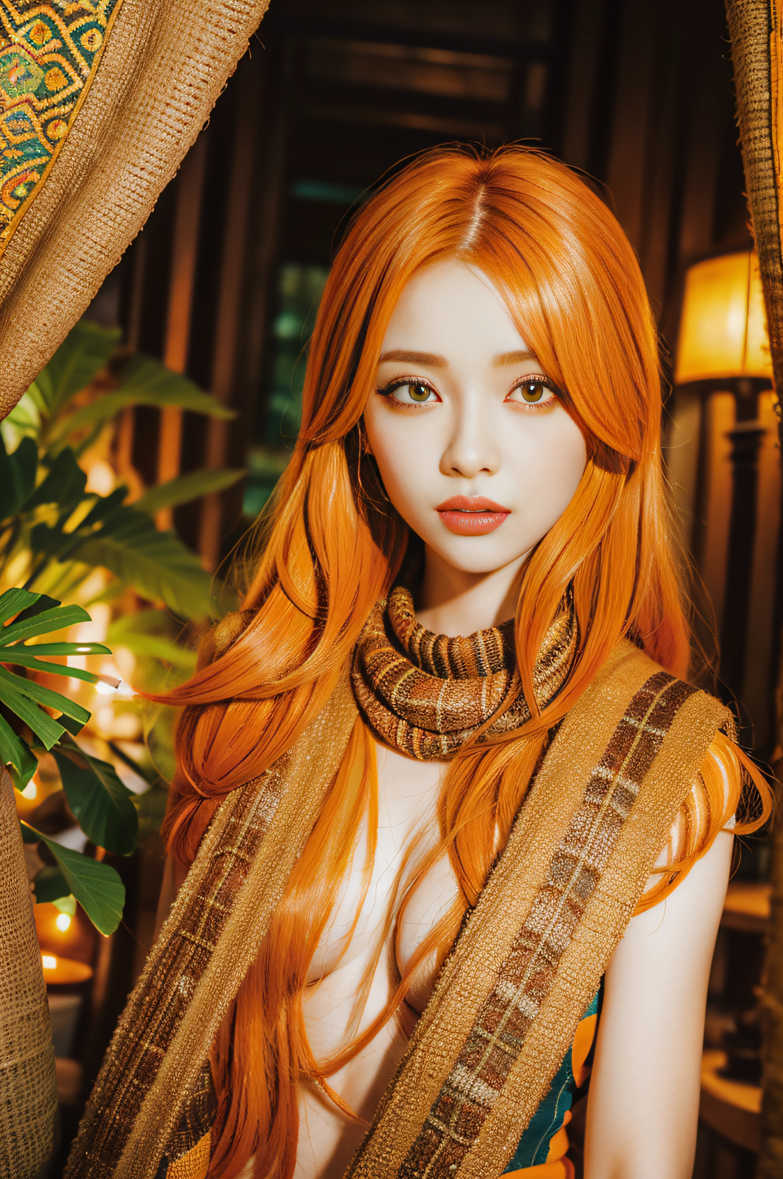 xxmix_girl, detailed eyes, spice-orange hair, a woman navigates the labyrinthine alleys, surrounded by the rich scents and colors of exotic wares. Her spice-orange hair is reminiscent of the aromatic stalls, becoming a vivid highlight amidst the sensory overload. Her eyes, curious and adventurous, soak in the eclectic tapestry of Moroccan culture.