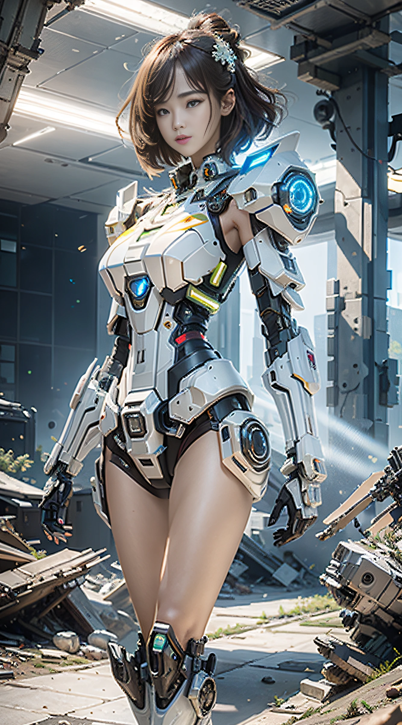((Best quality)), ((masterpiece)), (highly detailed:1.3), 3D,Shitu-mecha, beautiful cyberpunk women with her mecha in the ruins of city from a forgoten war, ancient technology,HDR (High Dynamic Range),Ray Tracing,NVIDIA RTX,Super-Resolution,Unreal 5,Subsurface scattering,PBR Texturing,Post-processing,Anisotropic Filtering,Depth-of-field,Maximum clarity and sharpness,Multi-layered textures,Albedo and Specular maps,Surface shading,Accurate simulation of light-material interaction,Perfect proportions,Octane Render,Two-tone lighting,Low ISO,White balance,Rule of thirds,Wide aperature,8K RAW,Efficient Sub-Pixel,sub-pixel convolution,luminescent particles,light scattering,Tyndall effect