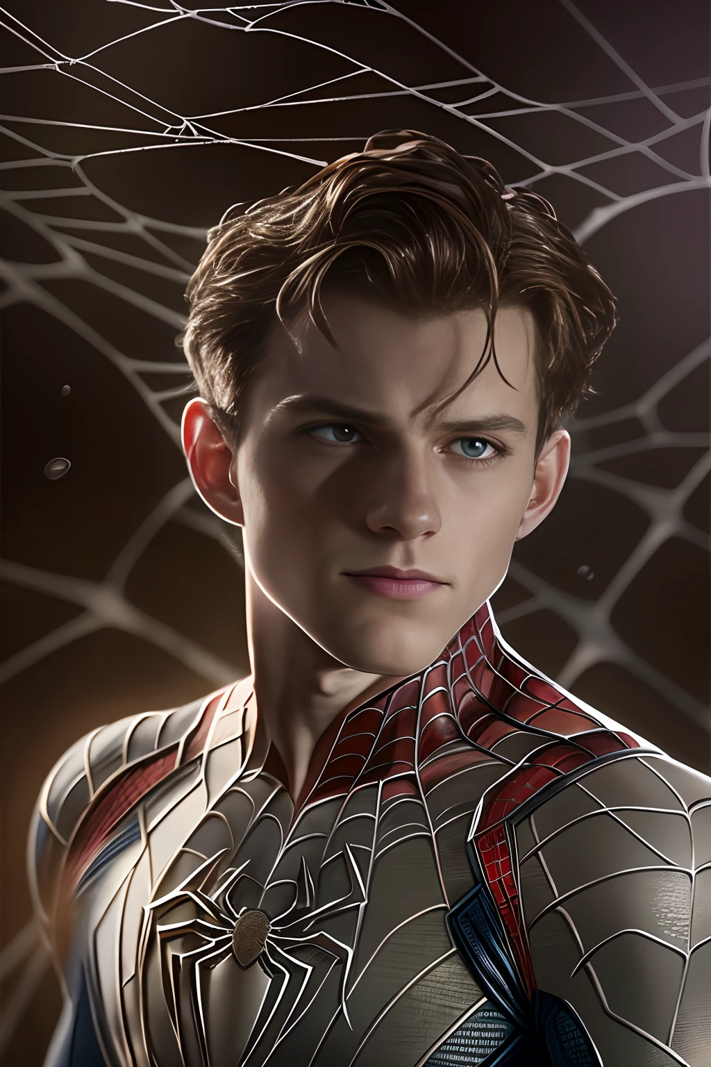 Marvel version of Spider-Man portrait,((Spider silk emanates from the hand:1.3)),(Tom Holland:1.8)full-body portraits,Fighting posture,Vicious eyes,com rosto detalhado,Slightly vicissitudes, Award-winning photo、Bokeh、, surrealism, Cinematic lighting, shadowing, High details, High quality, Award-Awarded,