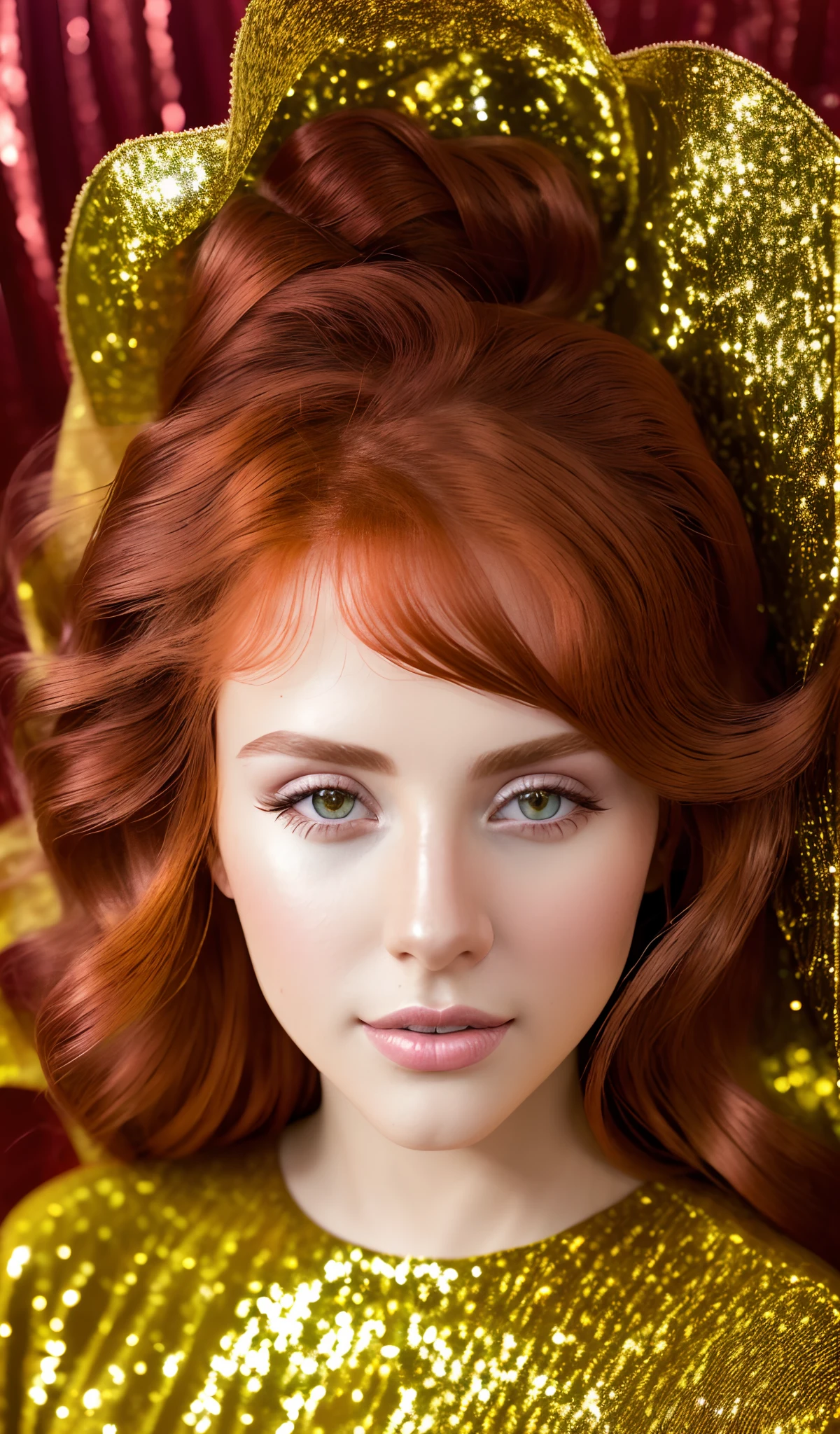 red-haired girl, In a golden transparent dress, Sequins, tinsel, radiance, Beautiful pose of the model, higly detailed, прогнулась, Model, ultrarealism, 4k HDR, skin texture, Real studio photo