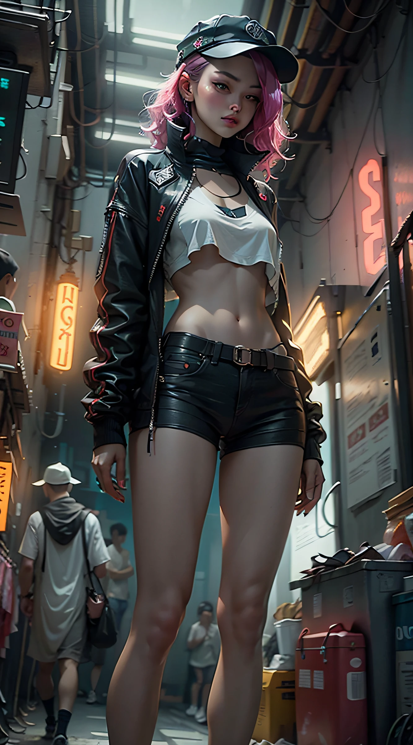 （（best qualtiy））， （（tmasterpiece））， （A detailed：1.4），（（full bodyesbian）），Enhanced dynamic perspective，Beautiful sexy esports girl，夏天，vests，denim short，athletic sneakers，with headphones on，Hold the keyboard，Come to me，Future sci-fi city street，Street photography，Bright colors，dream magical，optic，high qulity，super-fine，Detailed pubic hair，Accurate，Cinematic lighting，OC renderer