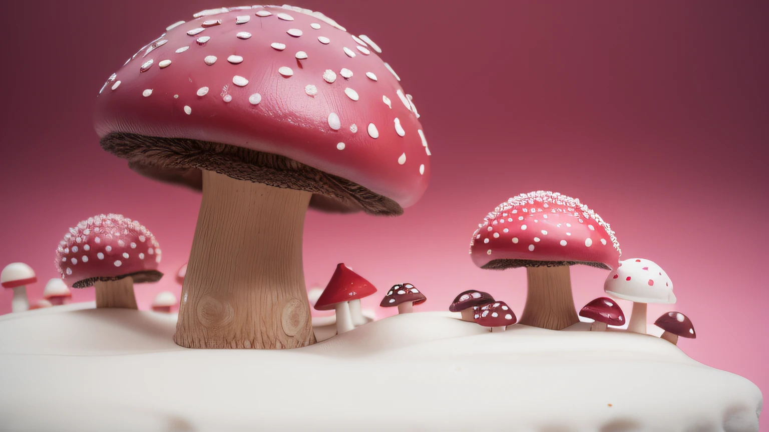mushrooms. mushroom. maquete. Foto realista. mushroom rosa. maquete. mushroom cor de rosa. Neve branca.