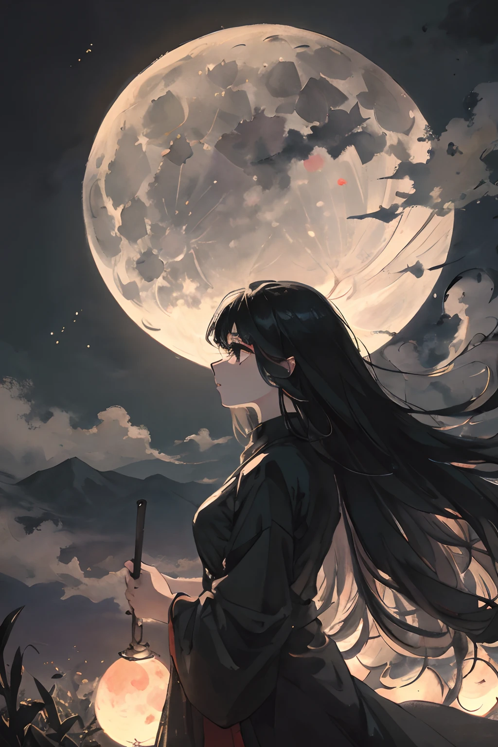 Masterpiece, best quality, night, hills, clouds, full moon, long hair, woman, silhouette, firefly.