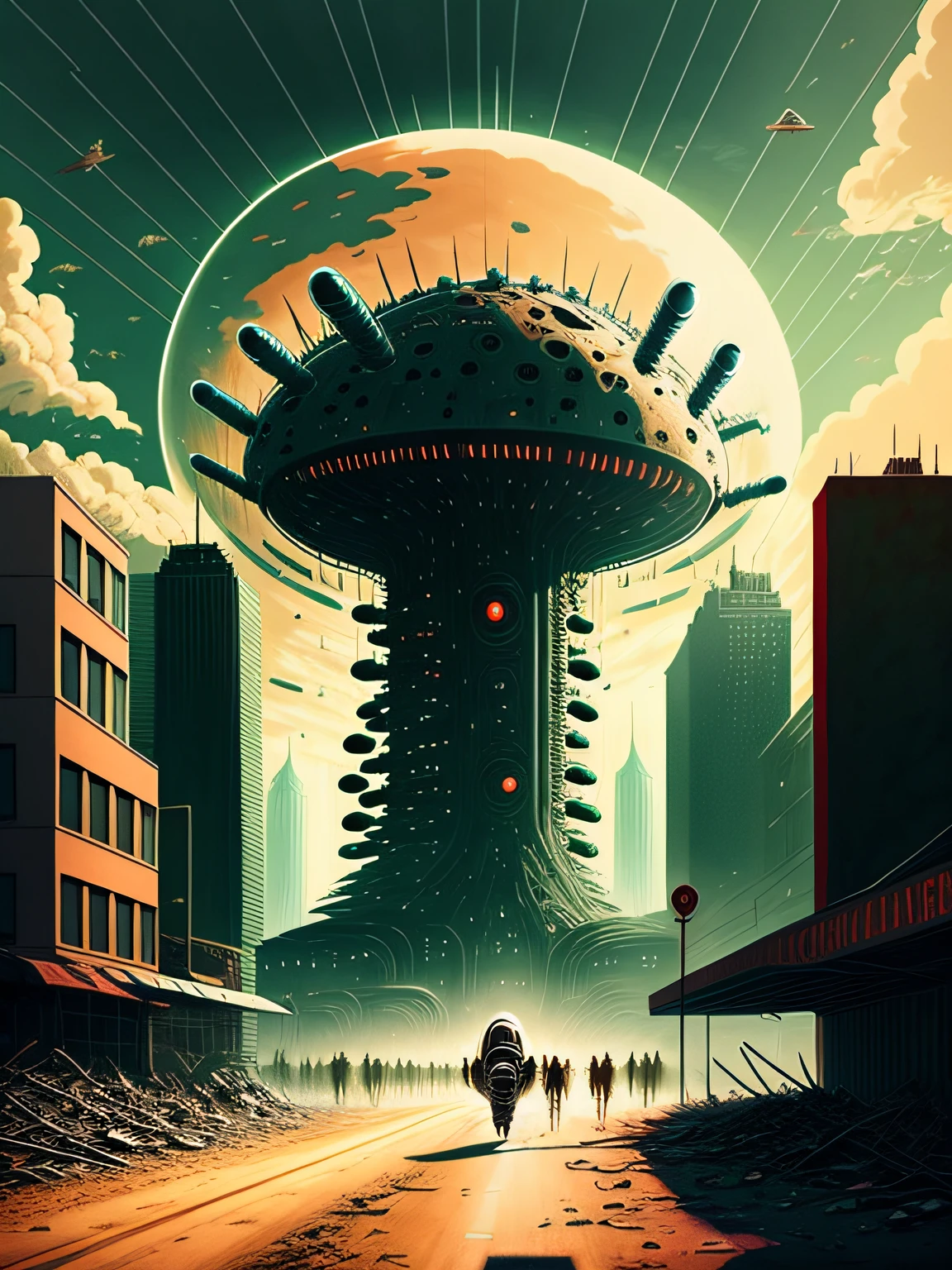 masterpiece, 4k ,ultra detailed,illustration, (Art Deco), (retro-futuristic), alien invasion, post apocalyptic, city destroyed, CCDDA Artstyle