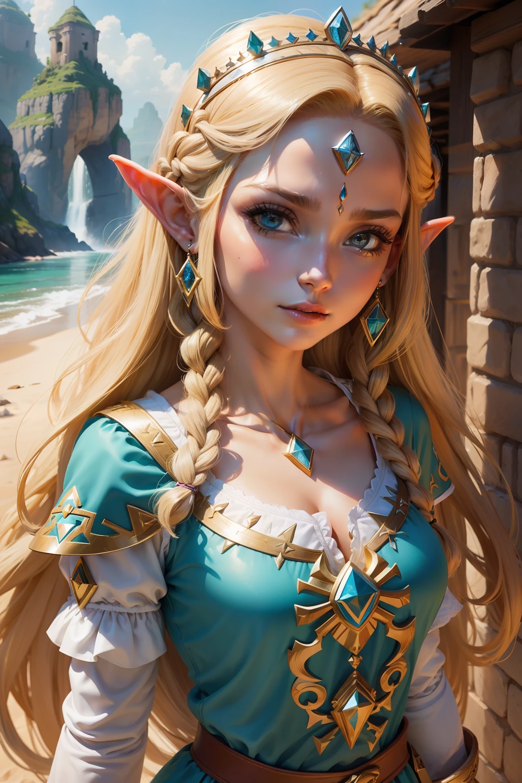 melhor qualidade, obra prima, Princesa Zelda, linda, super detalhada, cabelos loiros cacheados, brincos detalhados, coroa, em frente a uma paisagem