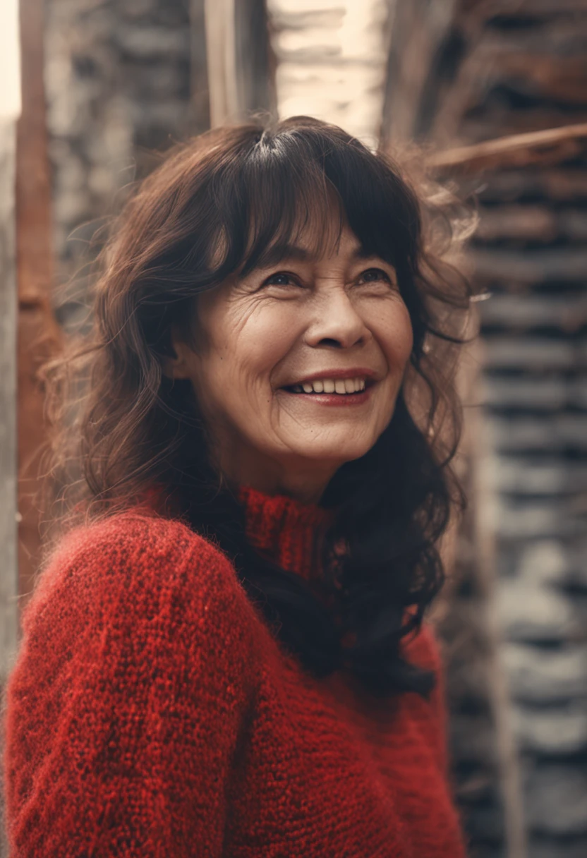 cuisine、Knitted sweaters、Red sweater、Beautiful middle aged woman, 、abundant dark hair, Bushy bangs, Beautiful black eyes with glitter, Beautiful face with symmetry, Pretty and innocent face, laught、A slight smil、heavy make-up, Film grain, dreamy photo, Concept photo, Emotional Photography, film photography, photos realistic, realisitic, foco nítido, ighly detailed, cgsociety, ultra-definition, Very fine particles, Grain Filter、cleanliness、