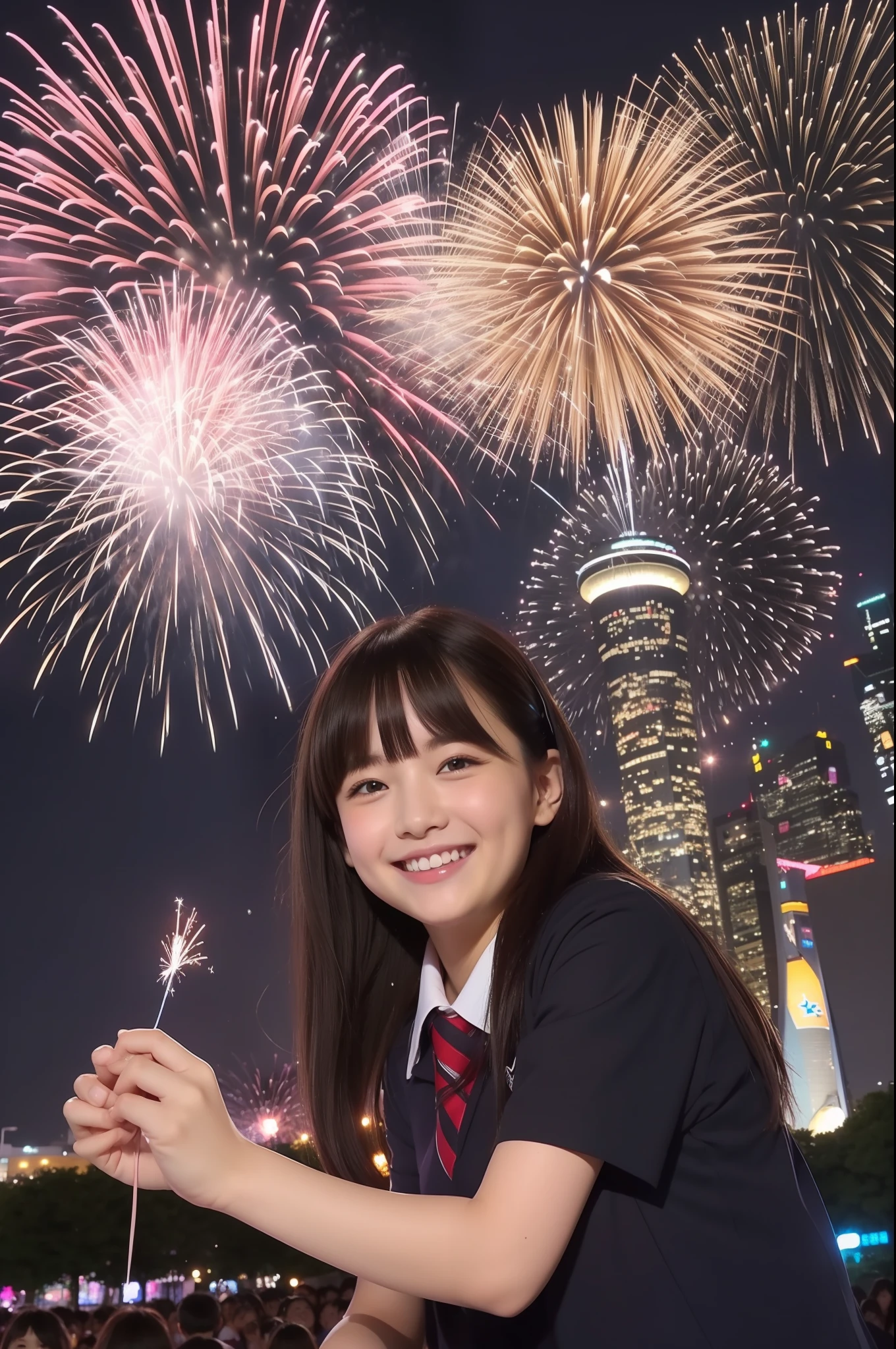 A smile、hi-school girl、校服、While doing fireworks、mare、Tokyo Skytree、cherry trees