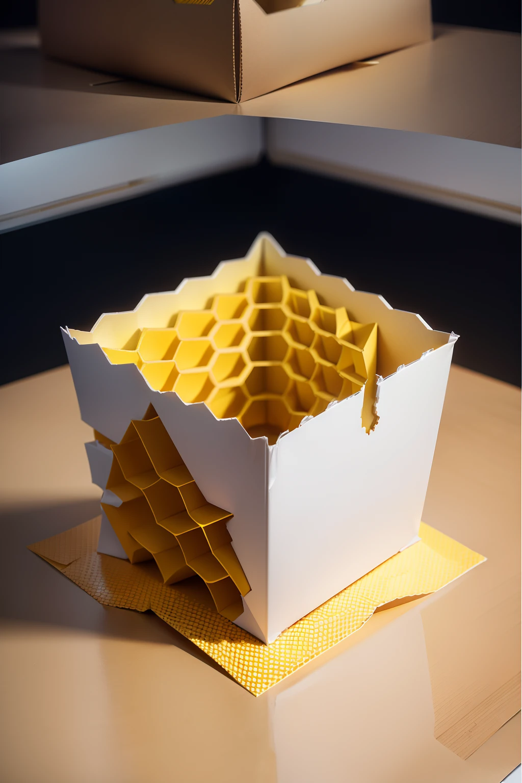 Paper honeycomb packaging：Borrowing from the structure of the hive，Design packaging materials made of paper，It has good cushioning and protection，It can effectively prevent collision and damage of items during transportation。white backgrounid