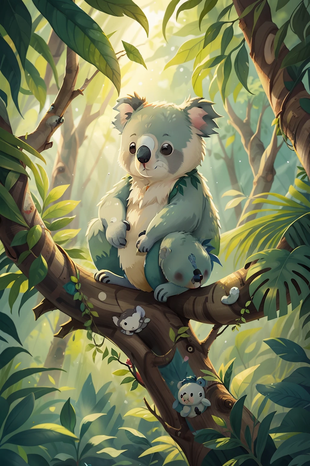Lovely koala, aquarelle,2D,Koala standing in a tree,Surrounded by foliage decoration,There is English decoration,Printed pattern