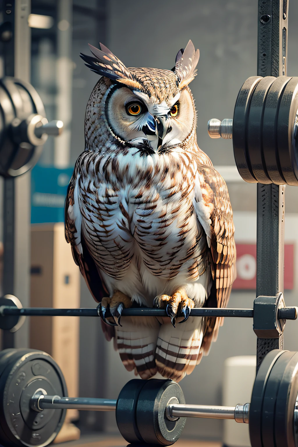There's a big owl on top of dumbbells in the CrossFit gym, 4k realista