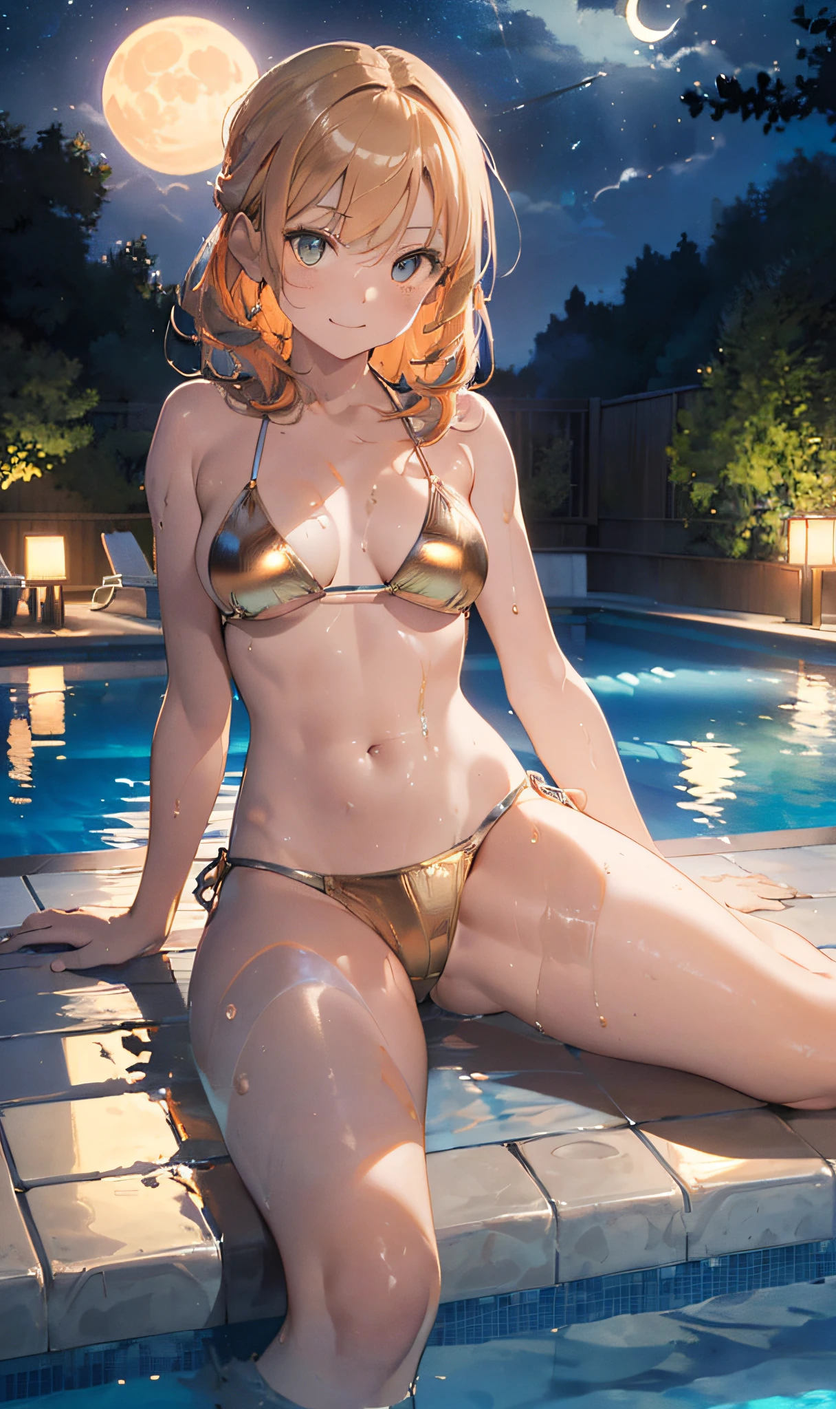 (Master masterpiece、The ultra -The high-definition、extremely fine and beautiful、Ultra-high power of 8 kilometers:2)、(Girl getting wet:1.4)、(Clarity Metallic Orange Bikini:2)、(Transparent skin:1.6)、(Long side tail hair:1.8)、(Beautiful eyes:1.8)、、(Nominal body type)、(Glamorous:1.4)、(musculature:1.4)、(Thin thighs:1.6）、(Thin leg:1.6)、(A smile)、perfectly proportions，Correct anatomy、Good anatomy、(Moon and Milky Way:1.4)、(Dynamic Angle)、(Dynamic Pose:1.4)、(Sit by the pool at night:1.4)、