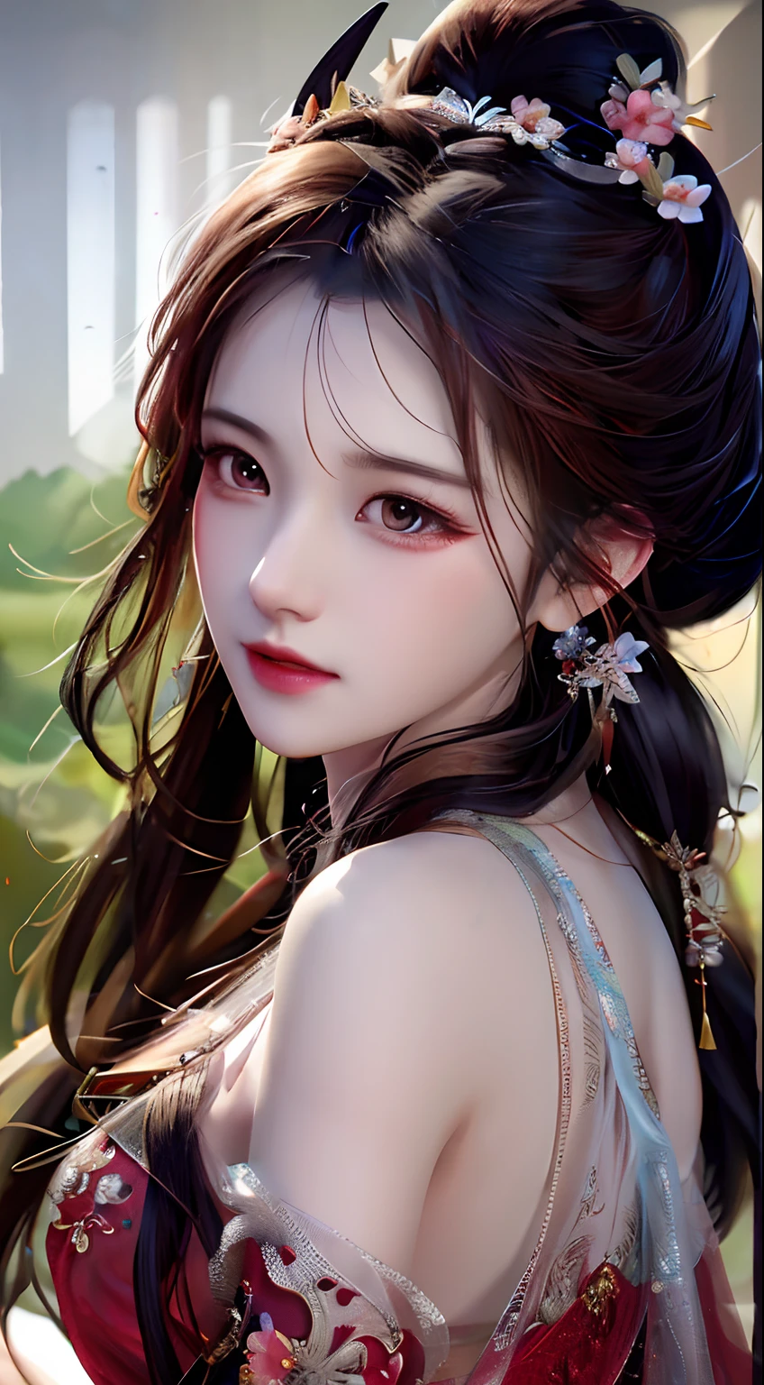 One wearing a red dress，Close-up of a woman with a flower in her hair, Beautiful digital artwork, Guviz-style artwork, by Yang J, Beautiful digital illustration, By Li Song, Realistic. Cheng Yi, in the art style of bowater, author：Fan Qi, Chinese girl, trending on cgstation, Beautiful character painting