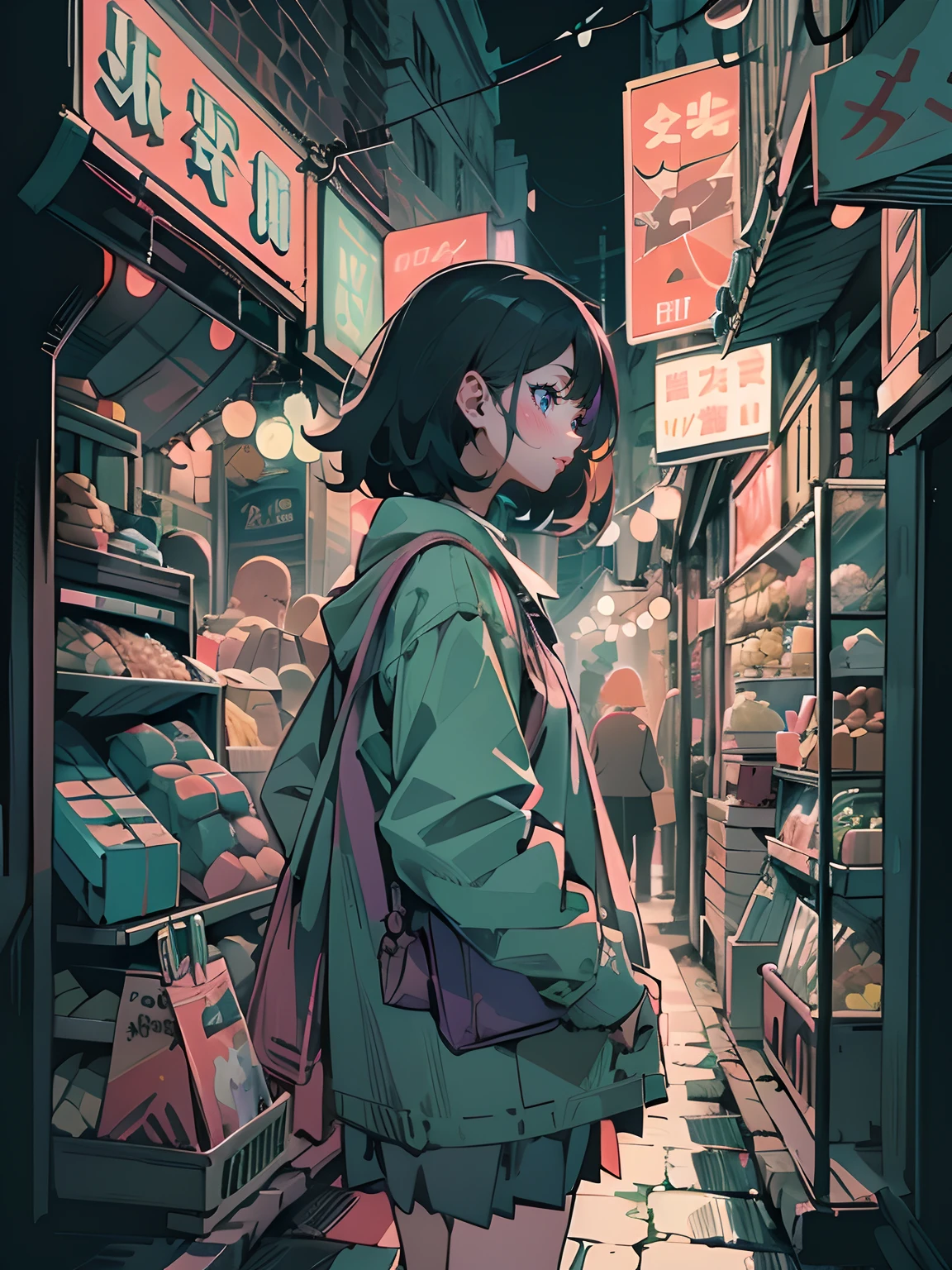 high-level image quality, ultra-detailliert, girl with, Retro shopping street, (Night:1.5), Dirty narrow passages, Lots of products, Pastel Vector Eyes, HyperSmoke, Dark background,