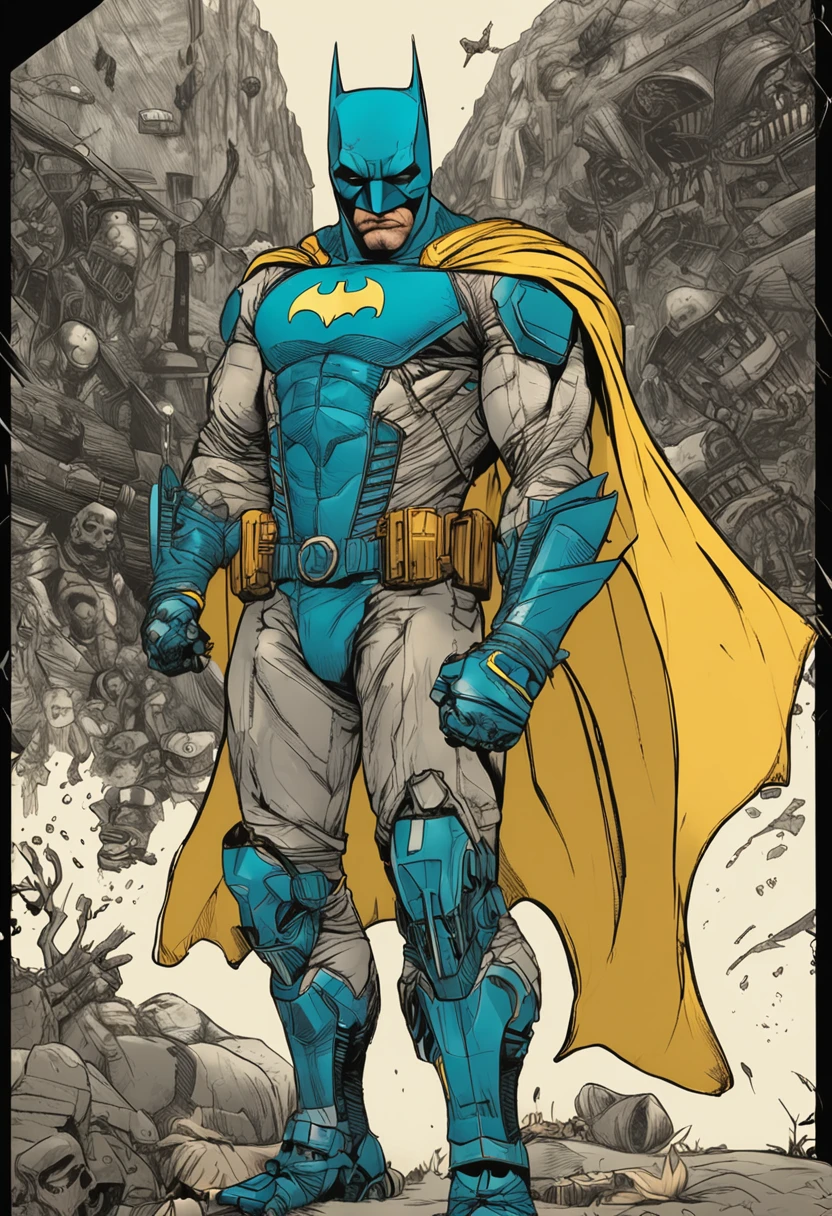 Um batman verde, amarelo e azul, brasileiro, realistic in a titanium cybernetic suit, detalhado, designe perfeito, alta qualidade arestas perfeitas e simetricas ::n_desenho de estilo, Low-quality imperfection, boneco, jogo, anime