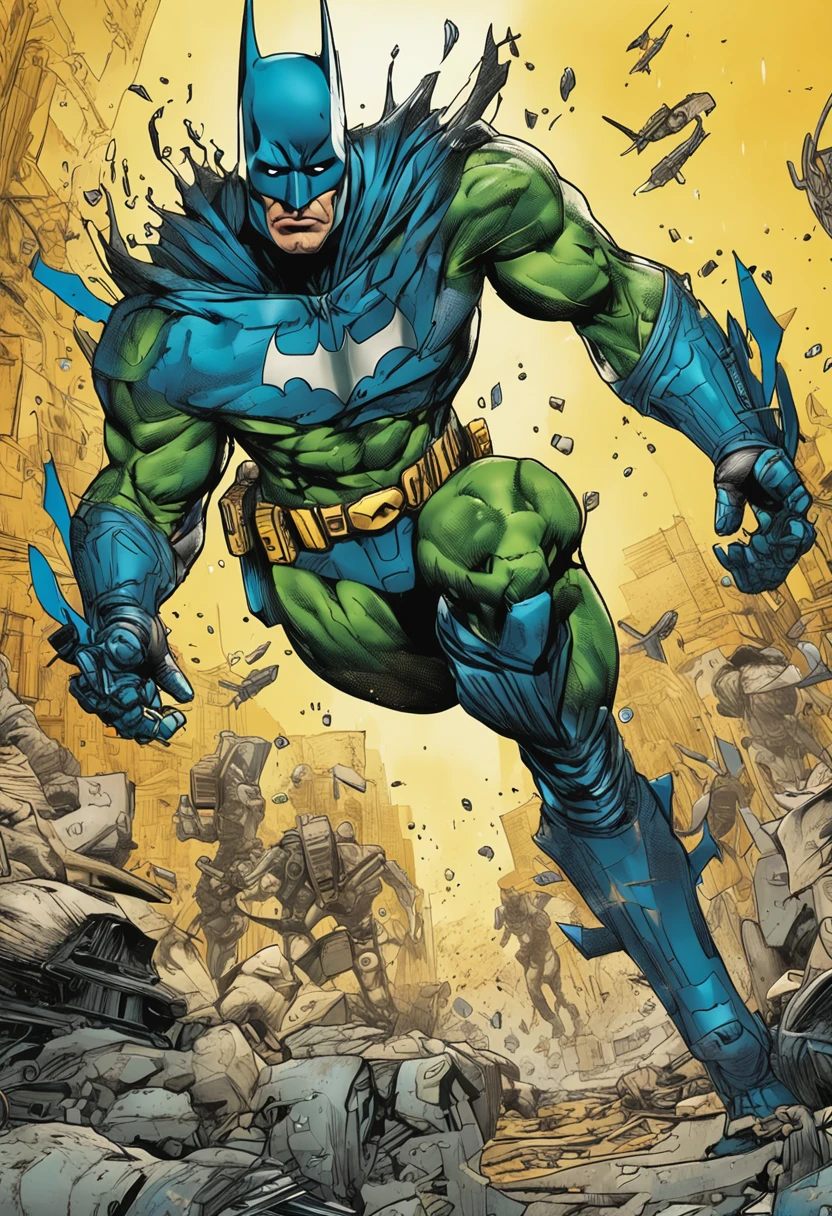 Um batman verde, amarelo e azul, brasileiro, realistic in a titanium cybernetic suit, detalhado, designe perfeito, alta qualidade arestas perfeitas e simetricas ::n_desenho de estilo, Low-quality imperfection, boneco, jogo, anime
