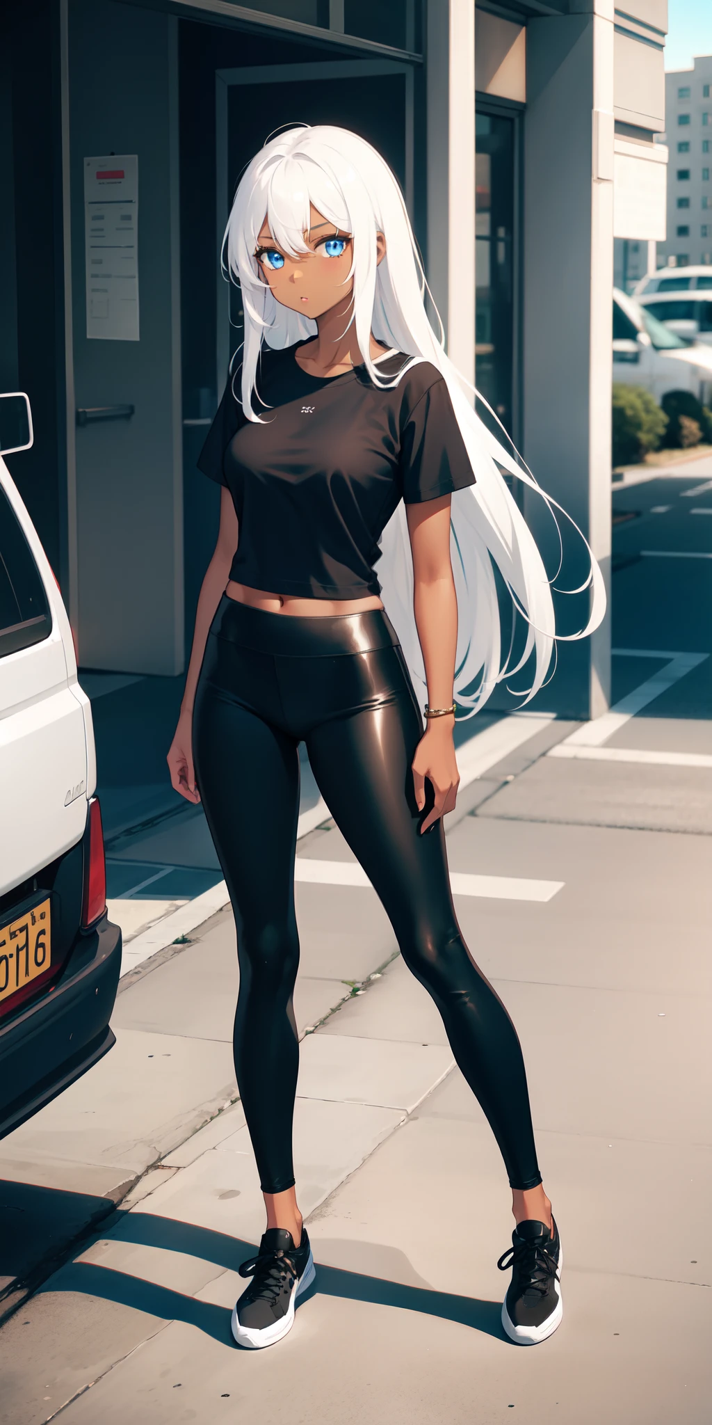 1 girl, brown skin, Black t-shirt, legging pants, long white hair, blue eyes,