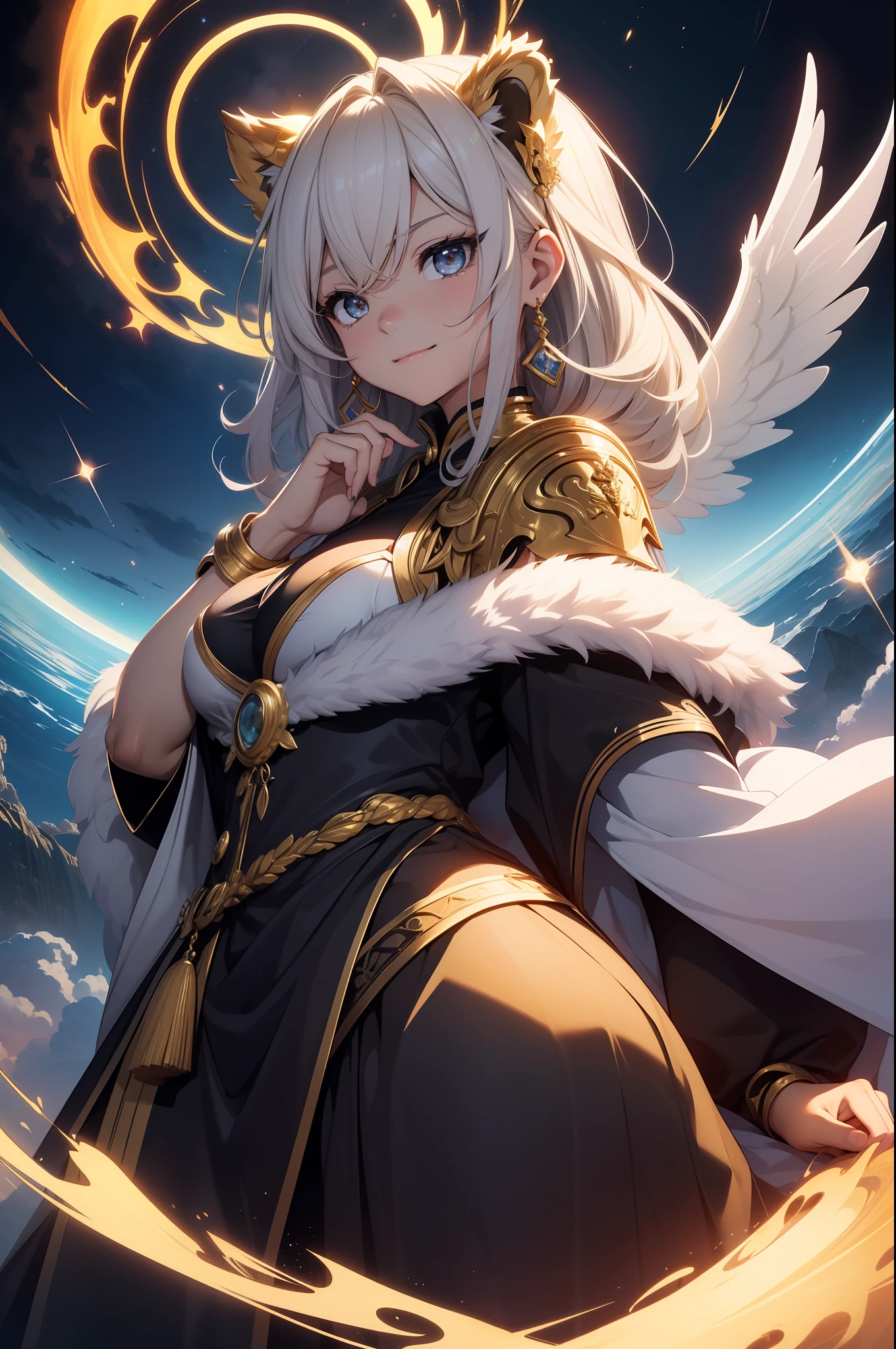 (absurderes、hight resolution、ultra-detailliert、HDR)、​masterpiece、top-quality、With an arrogant look、Little girl sitting on the back of a golden lion、独奏、tiny girl、Golden Lion、Giant lion、golden eye、radiant eyes、white robes、Angel wings、archangel、Earrings and Accessories、lare breasts、arrogant face、full bodyesbian、magic vortex、spark of light、whirlpool、Black aura、Dramatic skies、heaven、abstract background、 from side、up looking、evil smile