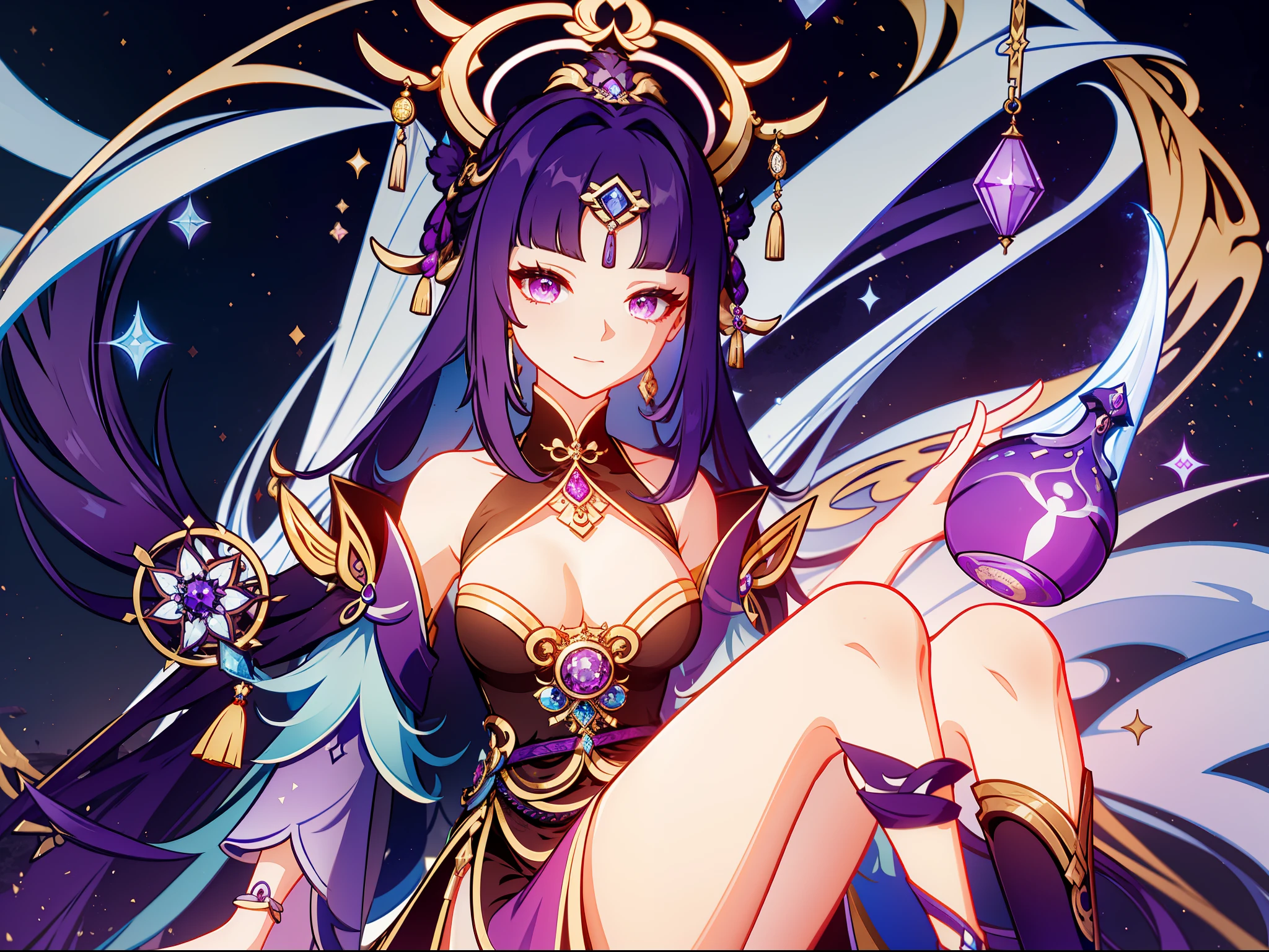 Xiu Linghua, an esteemed Liyue Adeptus, possesses a regal aura with obsidian purple hair, captivating amethyst eyes, and lightning-like pupils. Her Liyue-themed attire includes a royal purple robe adorned with golden embroidery depicting Liyue's natural landscapes, complemented by a detailed headdress featuring golden filigree and shimmering gemstones. Electro,single character,female