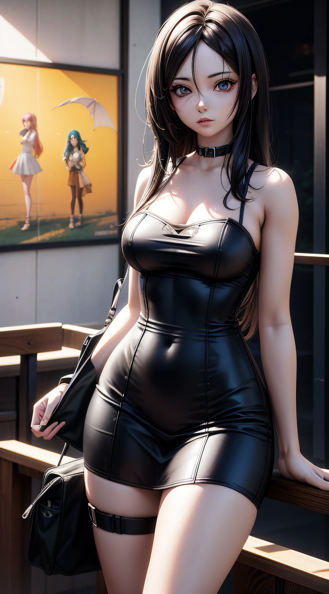 (masterpiece, top quality, best quality, official art, beautiful and aesthetic:1.2), (beautiful face), extremely detailed,colorful,highest detailed, (outdoors), bright eyes, huge breast, (sleeveless turtleneck:1.5), ((hutaornd)), ((skirt)), standing