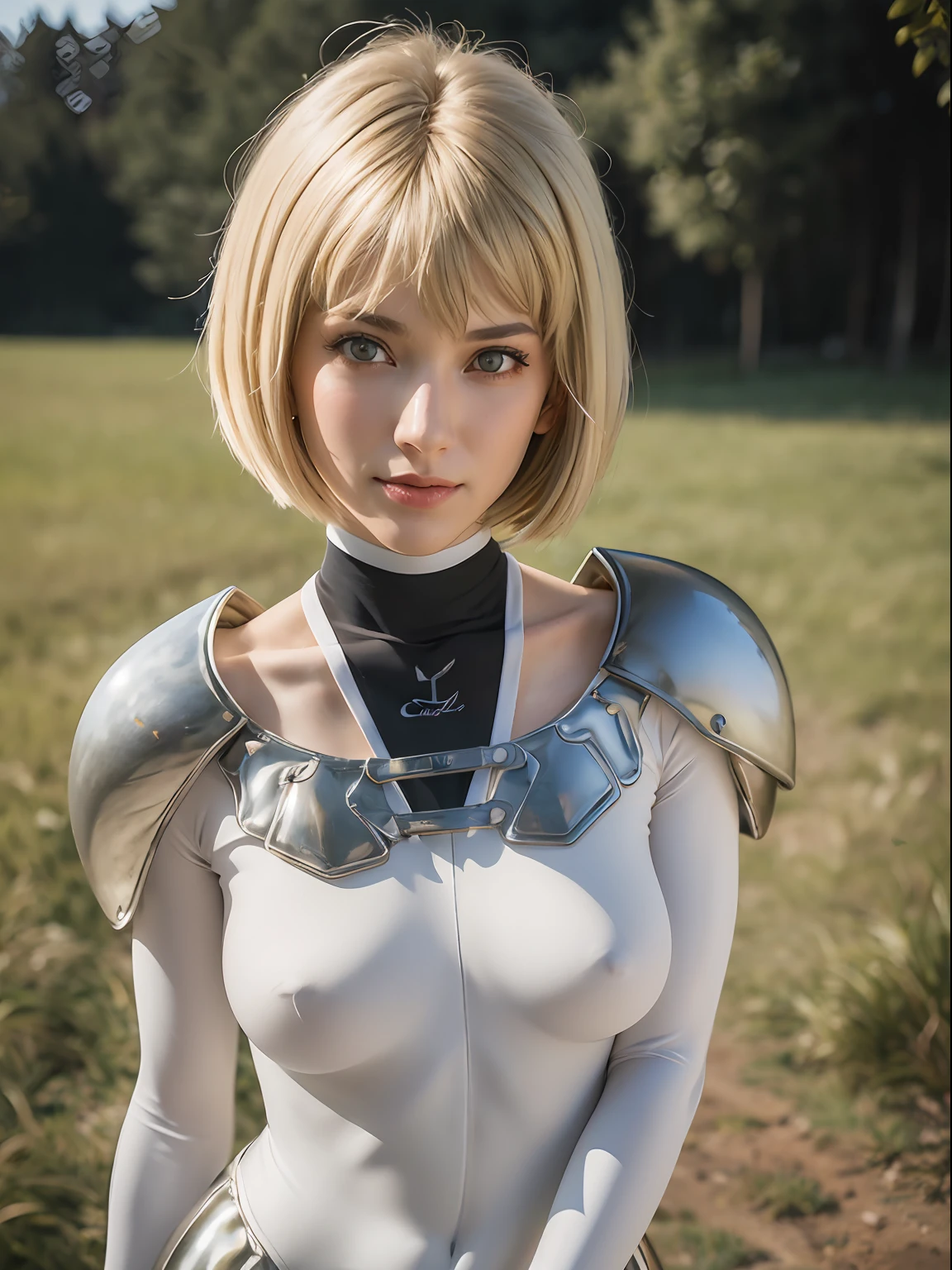 (masterpiece, best quality:1.4), (standing:1.5), (full body:1), on a green field, clare, grey eyes, armor, bodysuit, blonde hair , sexy smile, 1girl, beautiful face, (highly detailed face), highly detailed eyes, highly detailed skin, skin pores, subsurface scattering, realistic pupils, medium breast, full face blush, full lips, detailed background, depth of field, volumetric lighting, sharp focus, absurdres, realistic proportions, good anatomy, (realistic, hyperrealistic:1.4), 16k hdr,