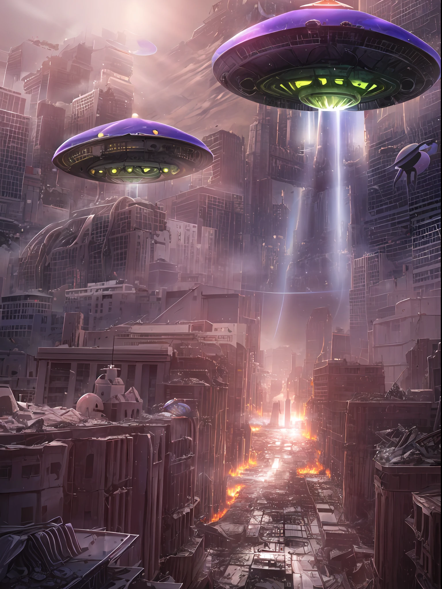 A huge UFO hits a big city, (Destroy the city with rays of light:1.5) , (1 Giant UFO:2) ,Destroy all skyscrapers, Iconic statue of the destroyed city, Pillars of rising smoke and fire,End of the world, (Best Quality), (masutepiece:1.3), Ultra-detailed, sharp shadows, 8K,Superb Detail, depth of fields, hyper detailed background, (Multiple aliens:1.7),Fighters and tanks fighting back