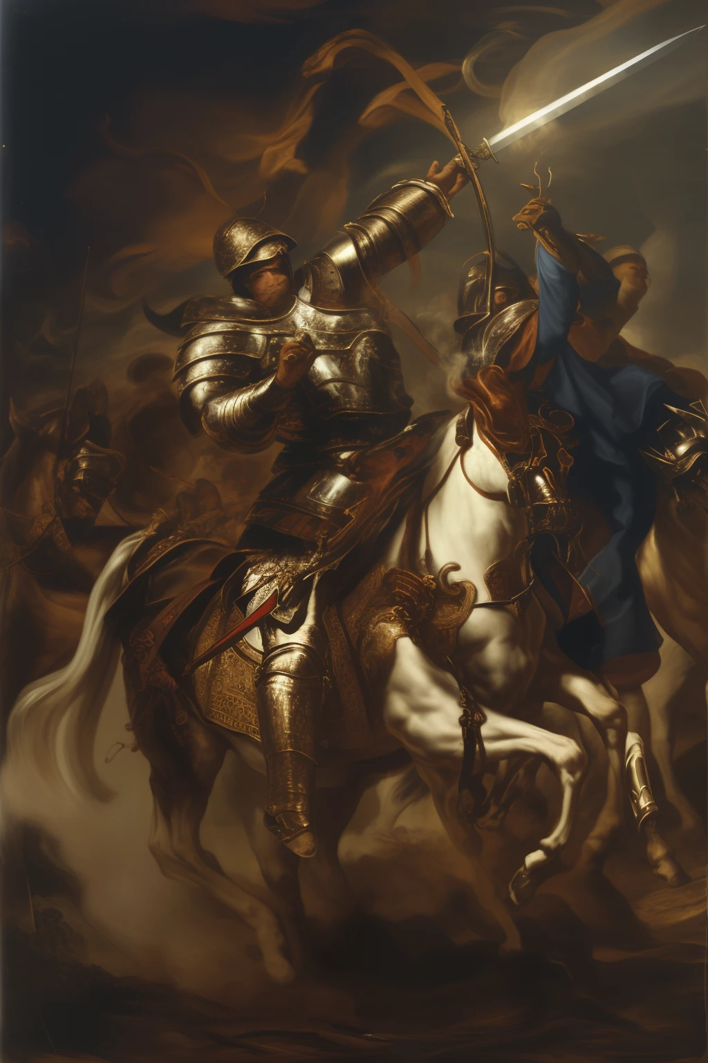 (War), ((a man riding a majestic horse)), striking pose, intricate details, wielding a sword, in the midst of a battle, smoke and fire all around, adorned in armor, surrounded, dramatic landscape, cinematic lighting, dark fantasy, intricate, high detail, dramatic, baroque style, anatomy, Peter Paul Rubens artist style, ((epic))