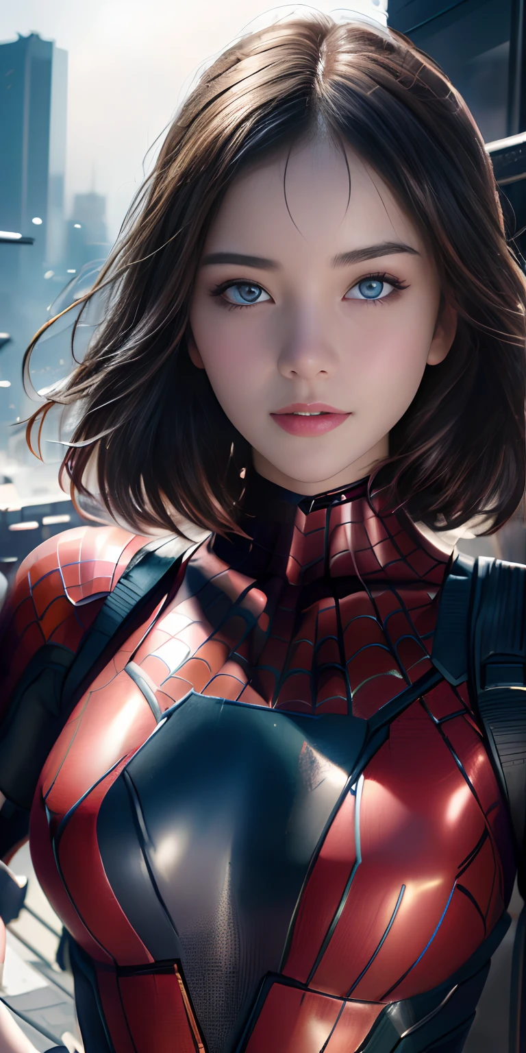 (1girl:1.3), Solo, (((Very detailed face)))), ((Very detailed eyes and face)))), Beautiful detail eyes, Body parts__, Official art, Unified 8k wallpaper, Super detailed, beautiful and beautiful, beautiful, masterpiece, best quality, original, masterpiece, super fine photo, best quality, super high resolution, realistic realism, sunlight, full body portrait, amazing beauty, dynamic pose, delicate face, vibrant eyes, (from the front), She wears Spider-Man suit, red and black color scheme, spider, very detailed city roof background, rooftop, overlooking the city, detailed face, detailed complex busy background, messy, gorgeous, milky white, highly detailed skin, realistic skin details, visible pores, clear focus, volumetric fog, 8k uhd, DSLR, high quality, film grain, fair skin, photo realism, lomography, futuristic dystopian megalopolis, translucent