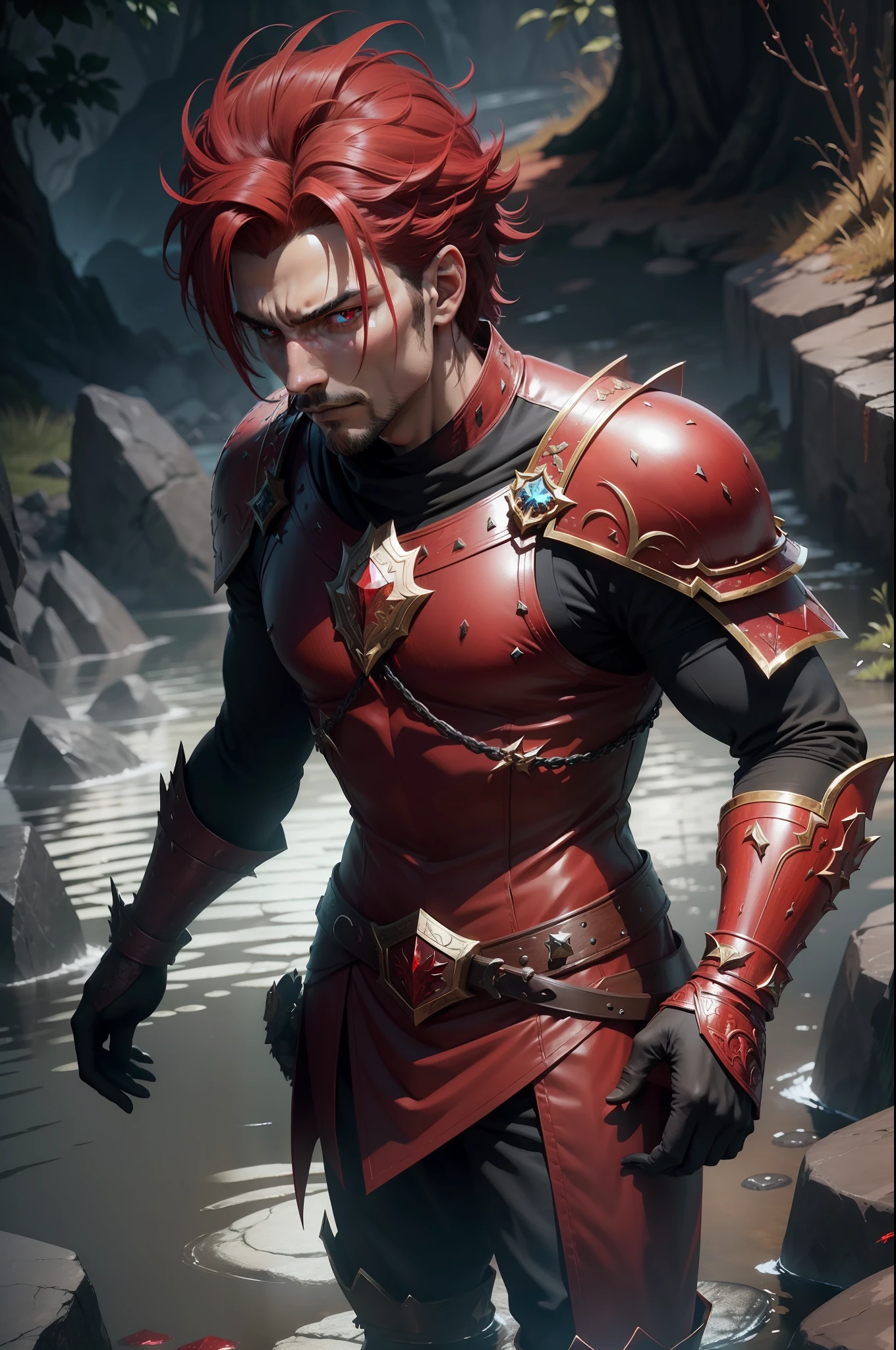 man with two dragon head gloves, crystals Red color, blood red magic sparkles, Dragon slayer gloves embedded in a stone around a swamp, very well designed and legendary sword, 4K, highly quality, highly detail, unreal engine, 8K UHD, Realistic, Intricate Detail.
