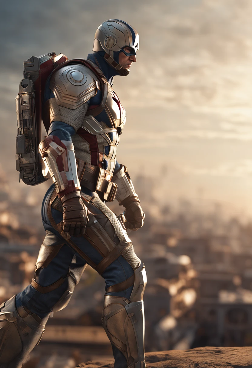 full body shot of captain america in white and gold armour style suit, no mask on, white cape, looking at center camera, perfect composition, beautiful detailed intricate insanely detailed octane render trending on artstation, 8 k artistic photography, photorealistic concept art, soft natural volumetric cinematic perfect light, chiaroscuro, award - winning photograph, masterpiece, oil on canvas, raphael, caravaggio, greg rutkowski, beeple, beksinski, giger, trending on artstation, sharp focus, studio photo, intricate details, highly detailed, night city background, by greg rutkowski