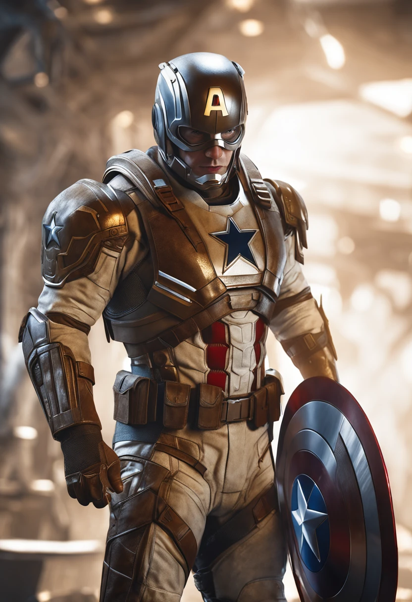 full body shot of captain america  in white and gold armour style suit, no mask on, white cape, looking at center camera, perfect composition, beautiful detailed intricate insanely detailed octane render trending on artstation, 8 k artistic photography, photorealistic concept art, soft natural volumetric cinematic perfect light, chiaroscuro, award - winning photograph, masterpiece, oil on canvas, raphael, caravaggio, greg rutkowski, beeple, beksinski, giger, trending on artstation, sharp focus, studio photo, intricate details, highly detailed, night city background, by greg rutkowski
