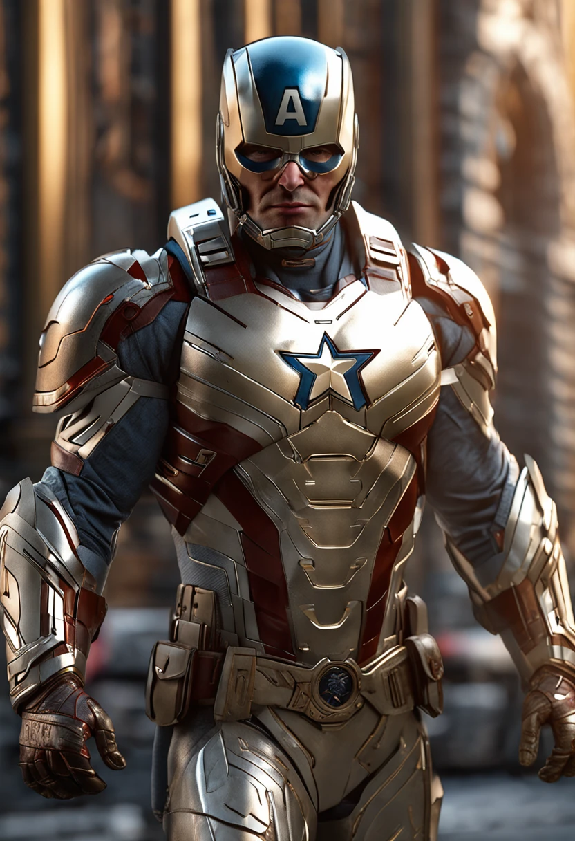 full body shot of captain america in white and gold armour style suit, no mask on, white cape, looking at center camera, perfect composition, beautiful detailed intricate insanely detailed octane render trending on artstation, 8 k artistic photography, photorealistic concept art, soft natural volumetric cinematic perfect light, chiaroscuro, award - winning photograph, masterpiece, oil on canvas, raphael, caravaggio, greg rutkowski, beeple, beksinski, giger, trending on artstation, sharp focus, studio photo, intricate details, highly detailed, night city background, by greg rutkowski