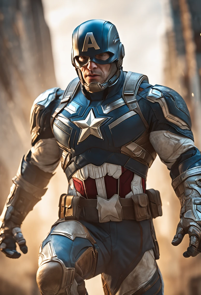 full body shot of captain america in white and gold armour style suit, no mask on, white cape, looking at center camera, perfect composition, beautiful detailed intricate insanely detailed octane render trending on artstation, 8 k artistic photography, photorealistic concept art, soft natural volumetric cinematic perfect light, chiaroscuro, award - winning photograph, masterpiece, oil on canvas, raphael, caravaggio, greg rutkowski, beeple, beksinski, giger, trending on artstation, sharp focus, studio photo, intricate details, highly detailed, night city background, by greg rutkowski