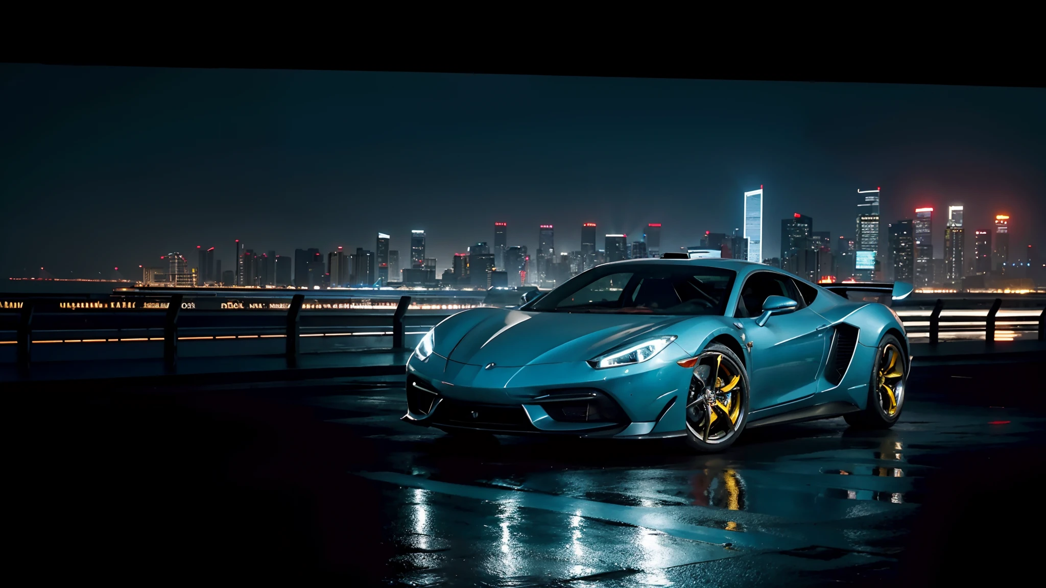Super photo，Sense of speed，super car，Supercar，profesional photo，Big wheels，，Cybernetic hood，Network car parts，Front pop-up headlights，scientific fiction，science fiction scene，Natural soft light，Cyberpunk Personage，Cidade Futuristica，Cyberpunk-city，neon lights sign，highly  detailed，（highly detailed back ground），Multiple buildings in the background，detailed textures，wide angles，8K，HDR，Professional photo shooting，